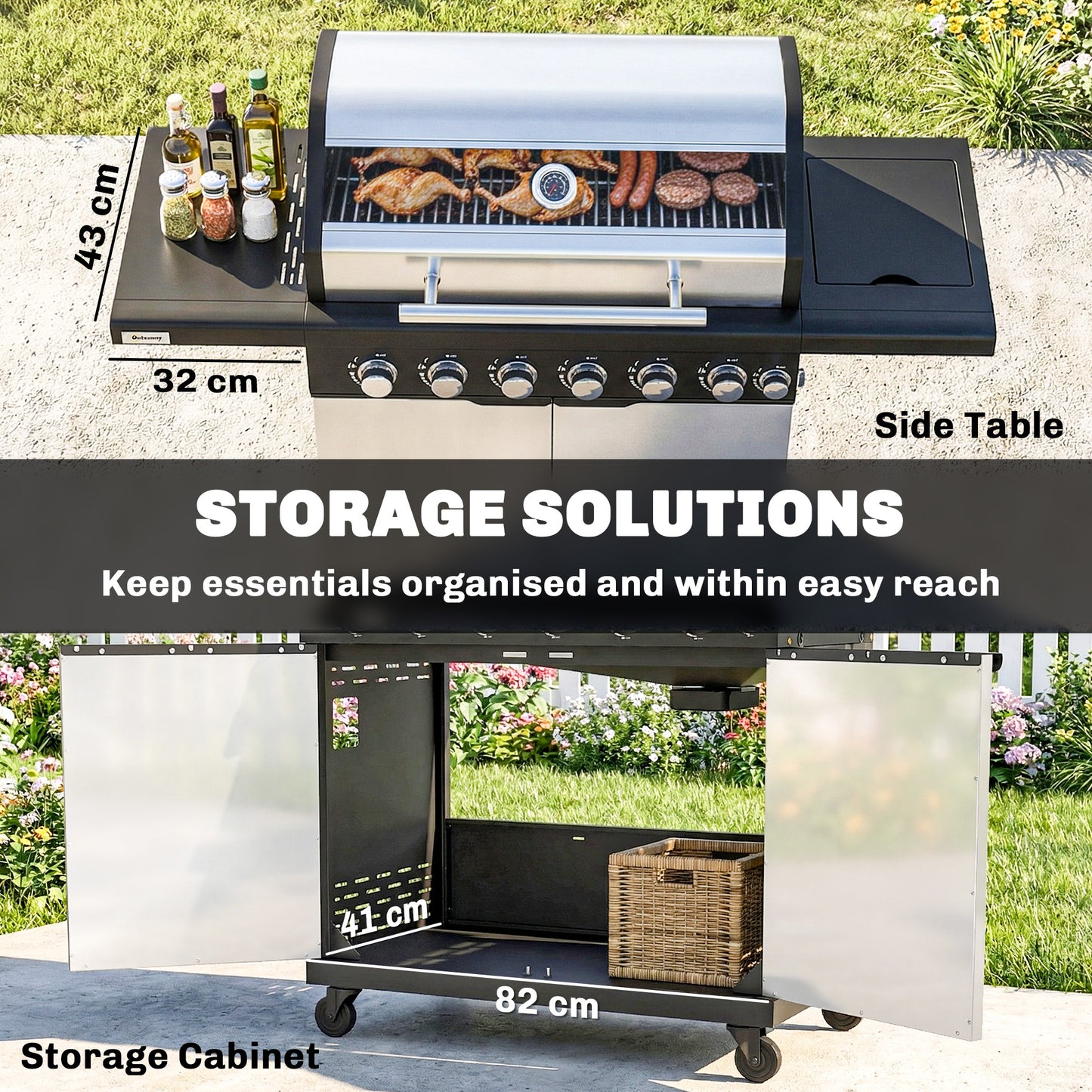 6+1 Burner Gas BBQ Grill, Outdoor Barbecue Trolley with Wheels