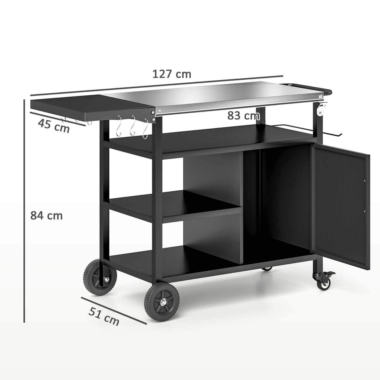 Outdoor BBQ Trolley with Foldable Side Table, Stainless Steel Top
