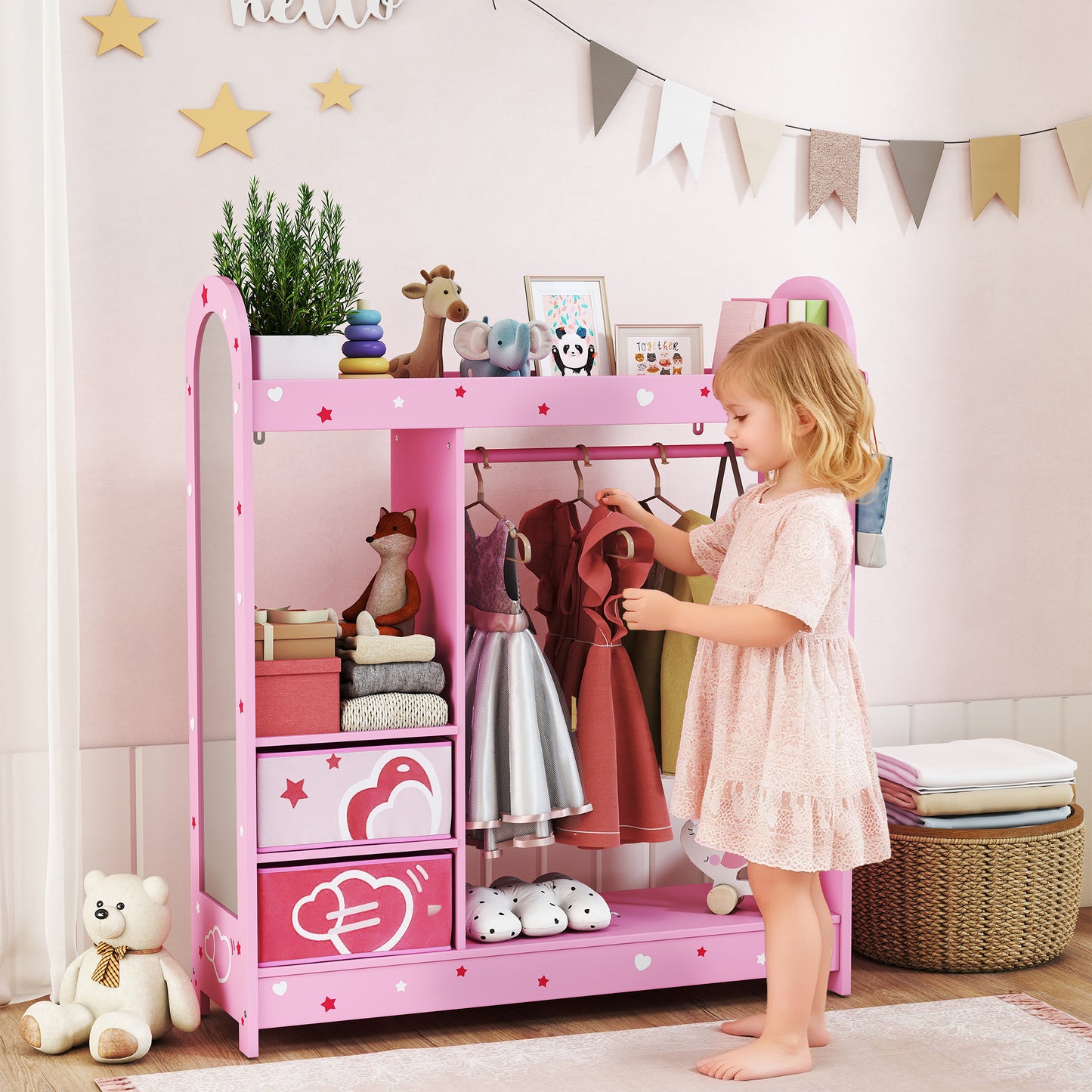 Kids Clothes Rail, Kids Wardrobe with Mirror, Shelves