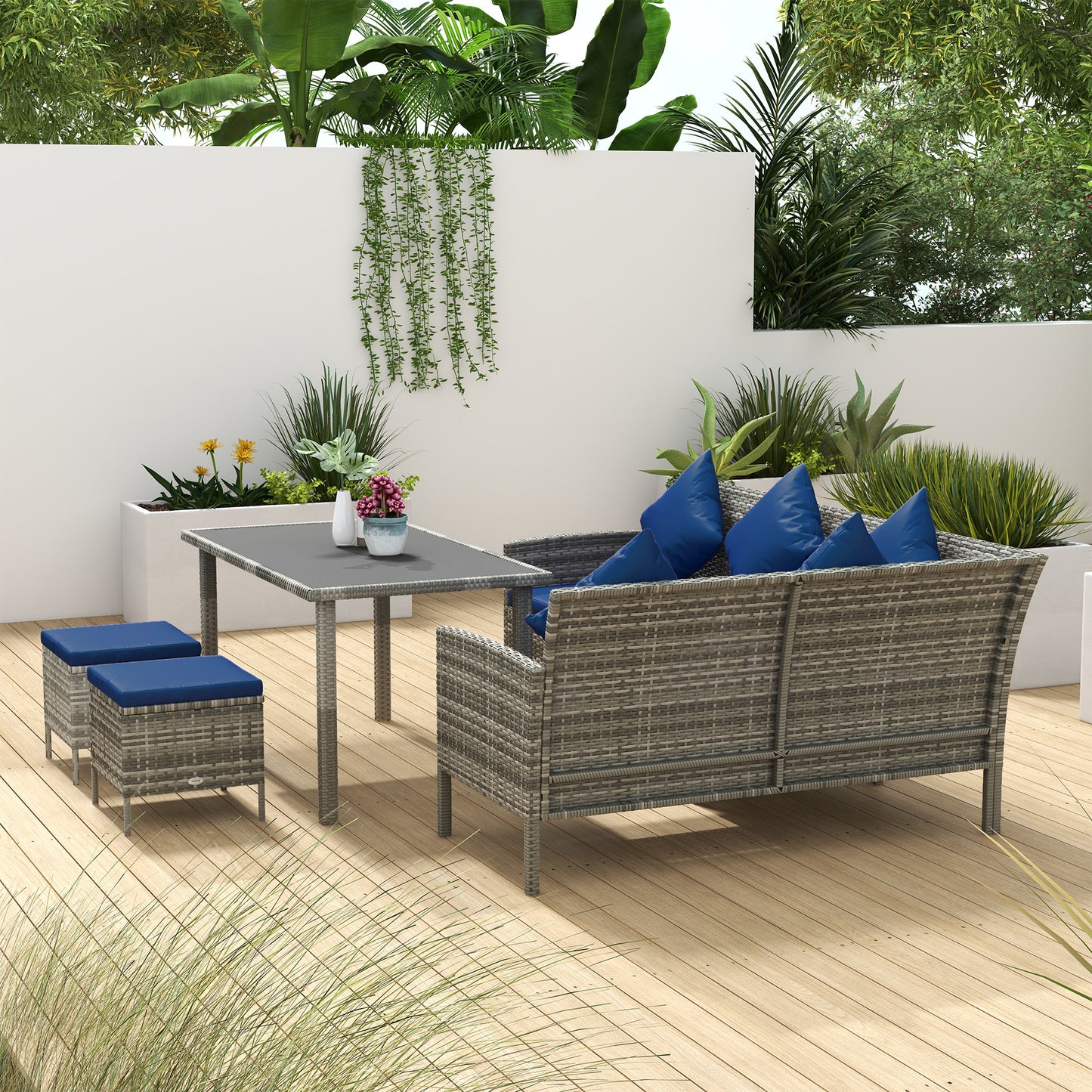 5 Pieces Rattan Garden Furniture Set with Dining Table, Cushions