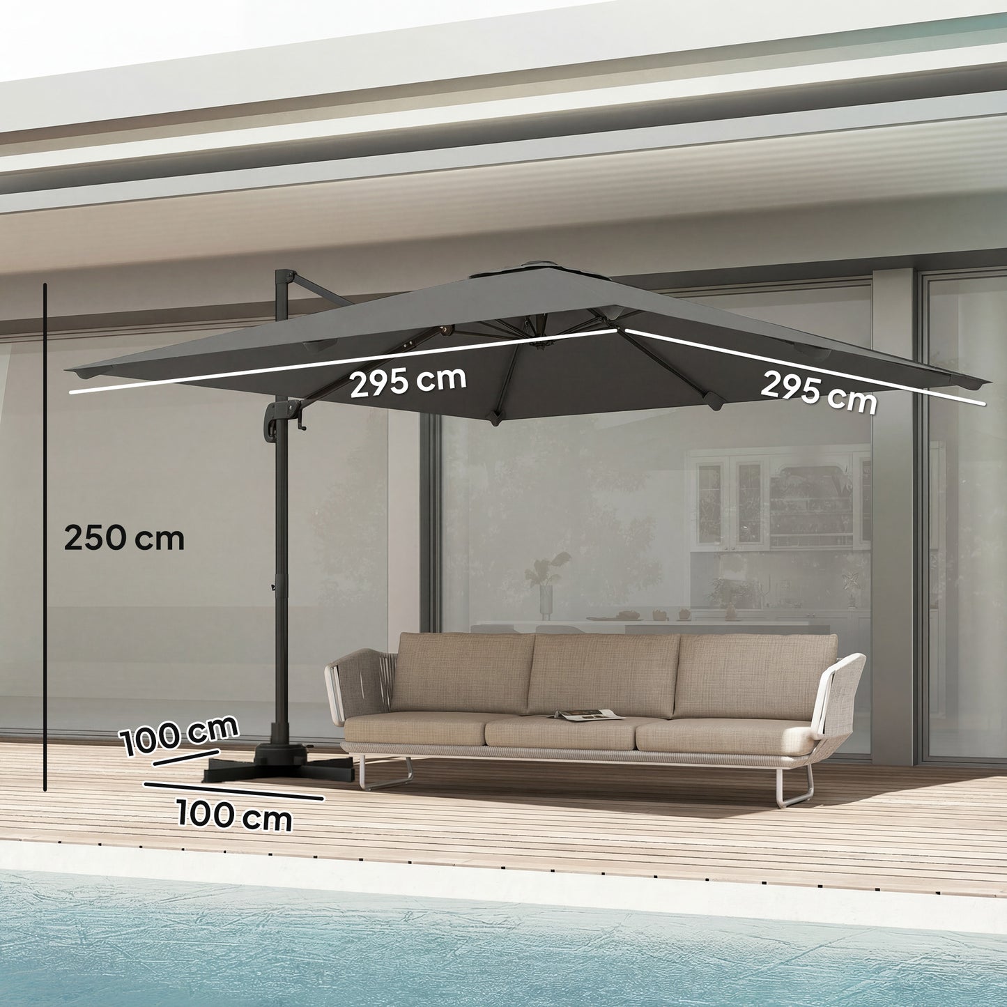 3 x 3 m Cantilever Parasol, Square Patio Umbrella with Crank Handle