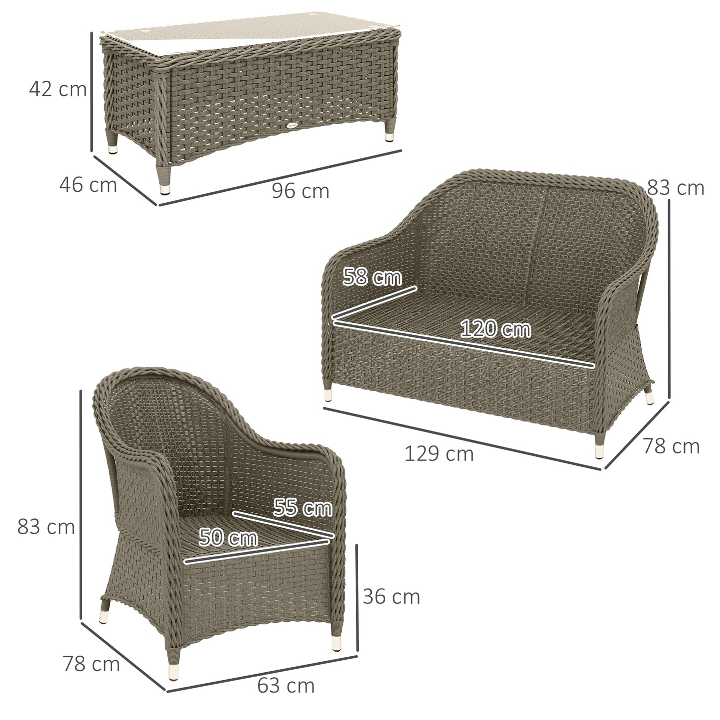 Four-Piece Rattan Sofa Set, with Glass-Top Table