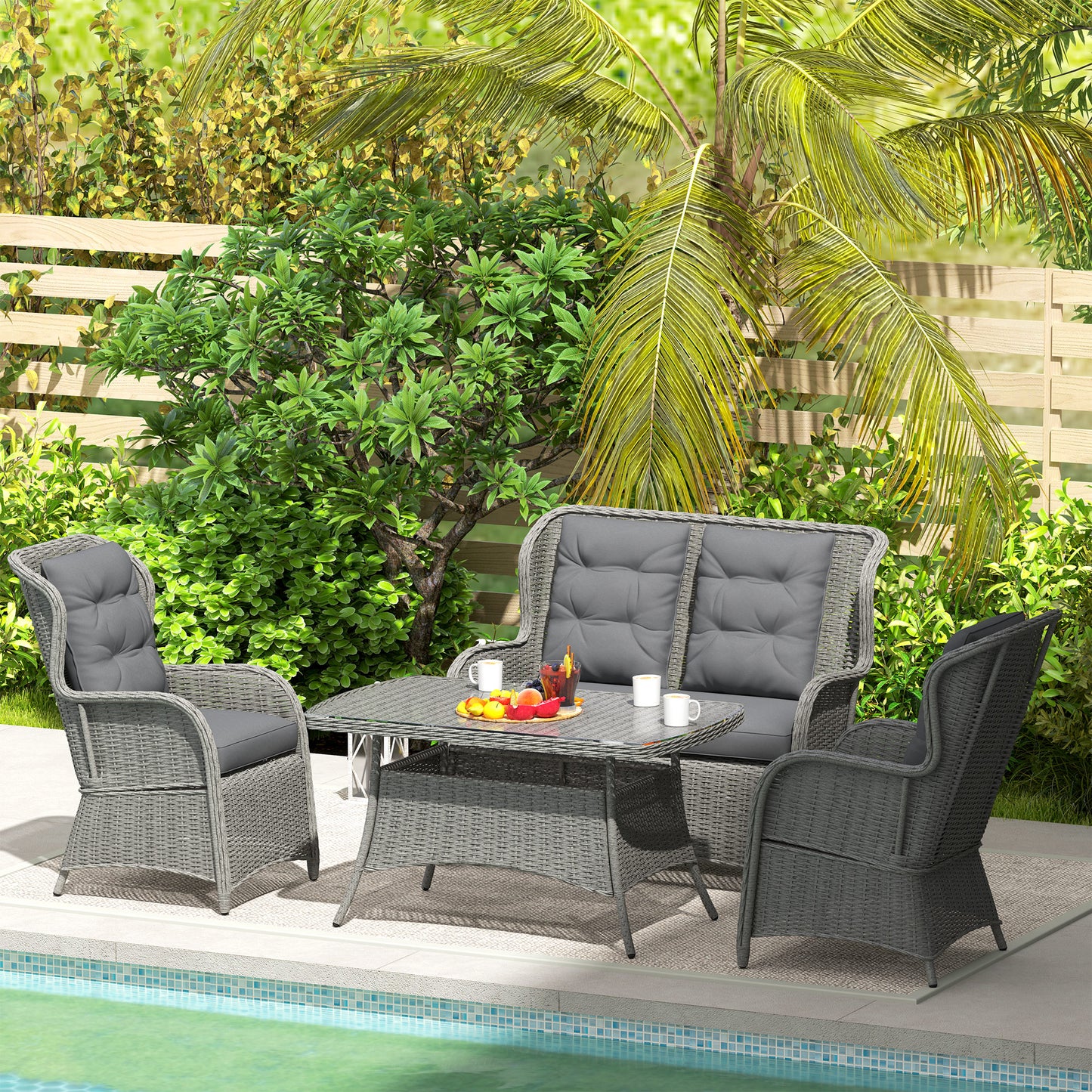 Garden PE Rattan Dining Sofa Set, Outdoor 4 Seater Wicker Furniture