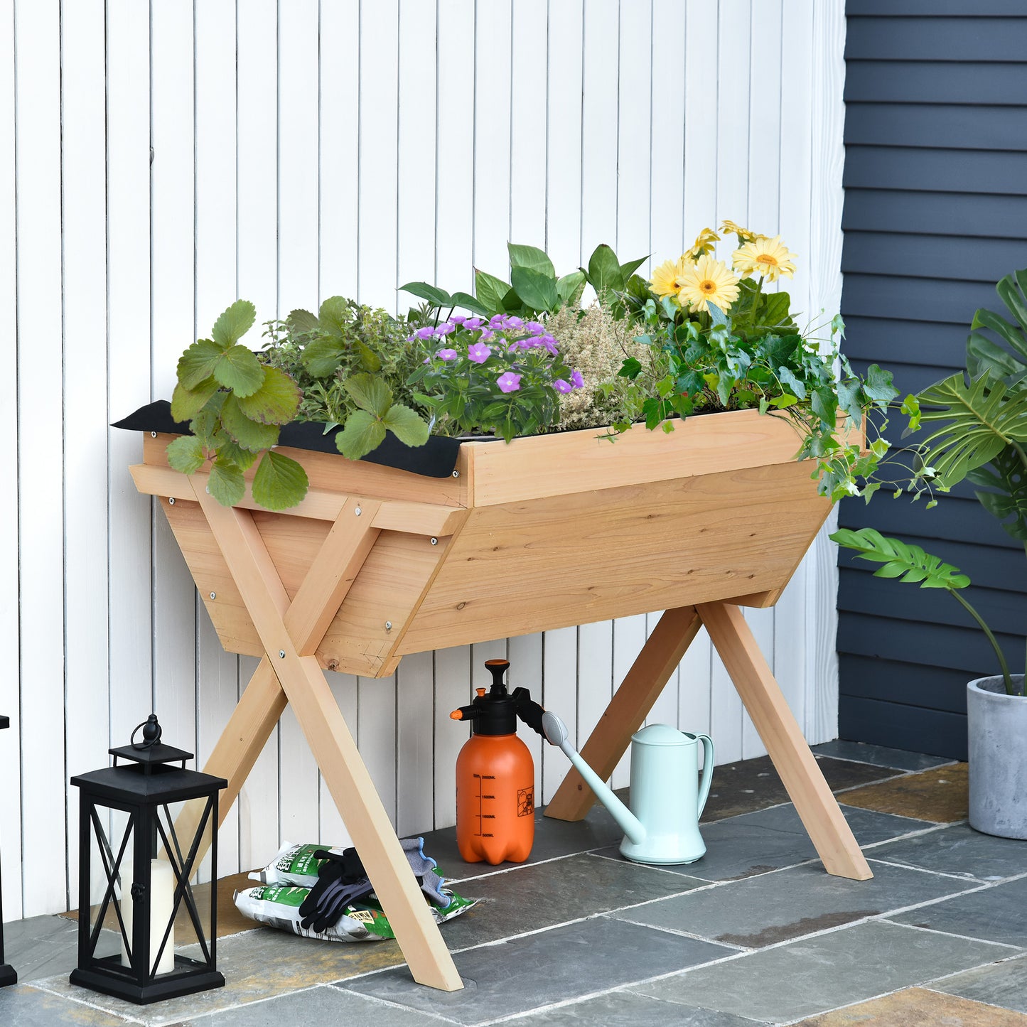 Large Fir Wood Raised Plant Stand Oak Tone