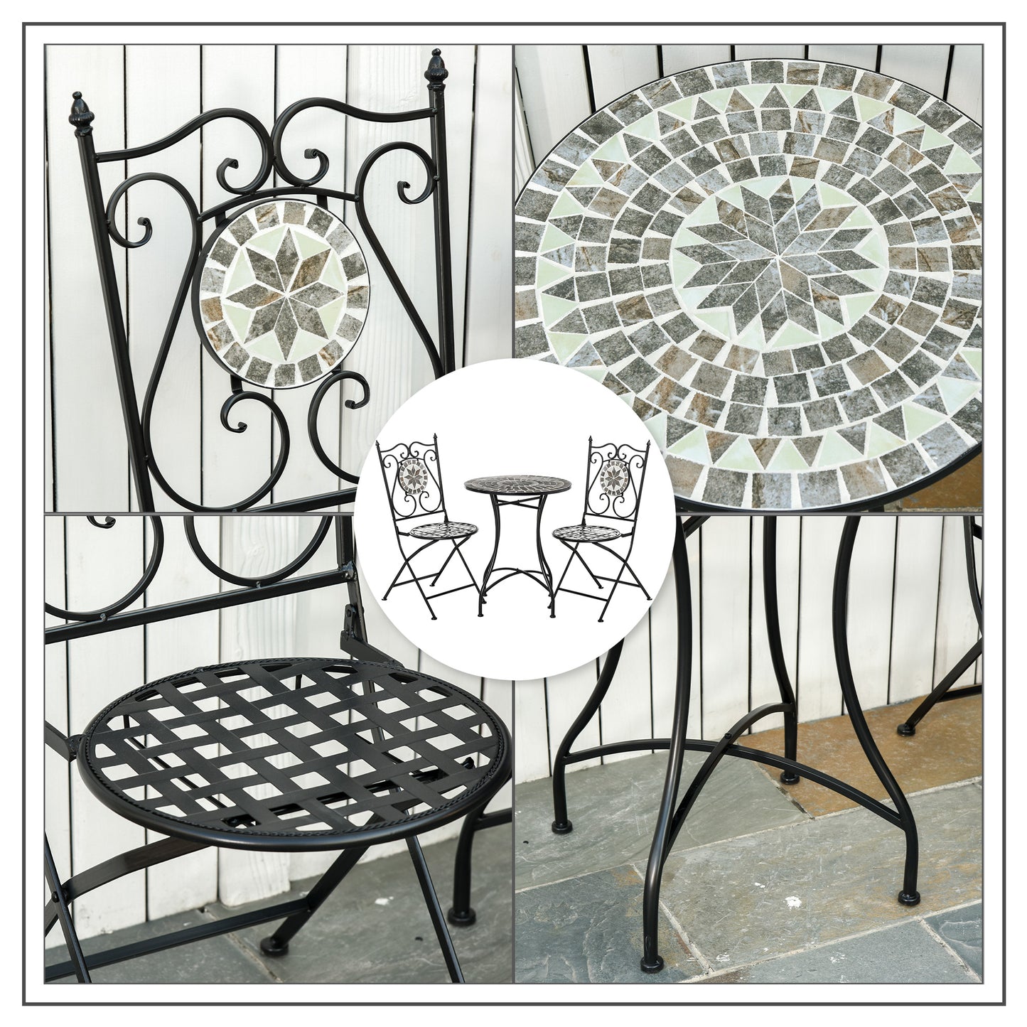 3 Pcs Mosaic Tile Garden Bistro Set Outdoor Seating w/ Table 2