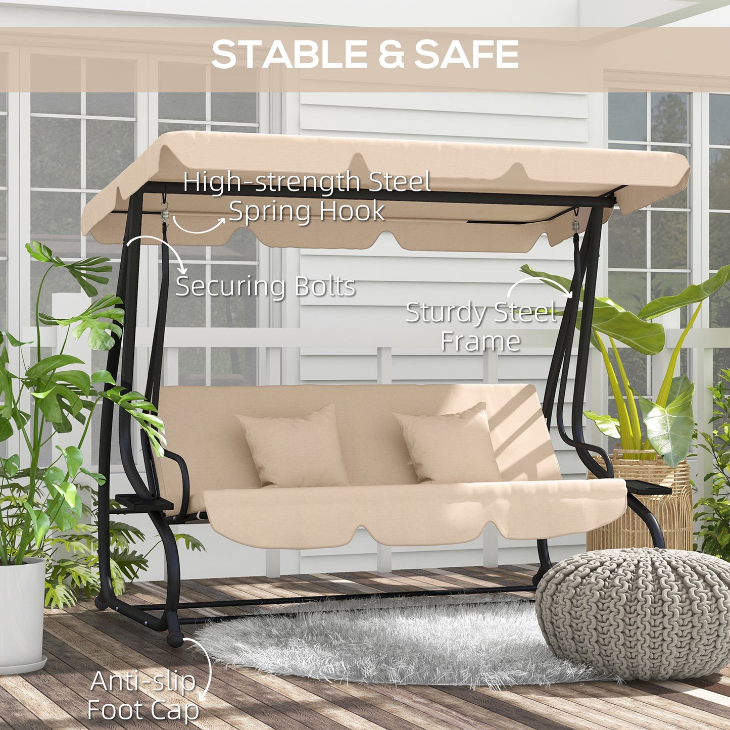 Three-Person garden Swing Chair, with Adjustable Canopy