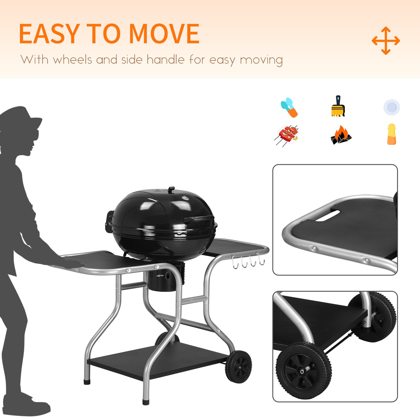 Portable Charcoal Kettle Grill Outdoor Barbecue Trolley BBQ Heat