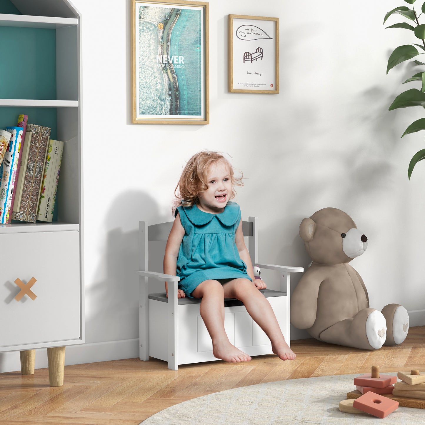 2-in-1 Toy Box for Kids with Lid for Bedroom, Nursery, Playroom