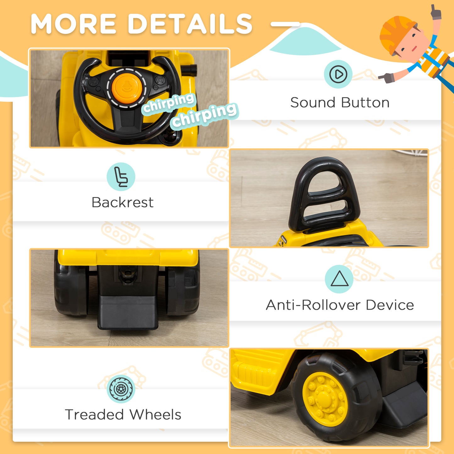 Kids Ride-On Construction Car, with Fork, Tray, Sounds