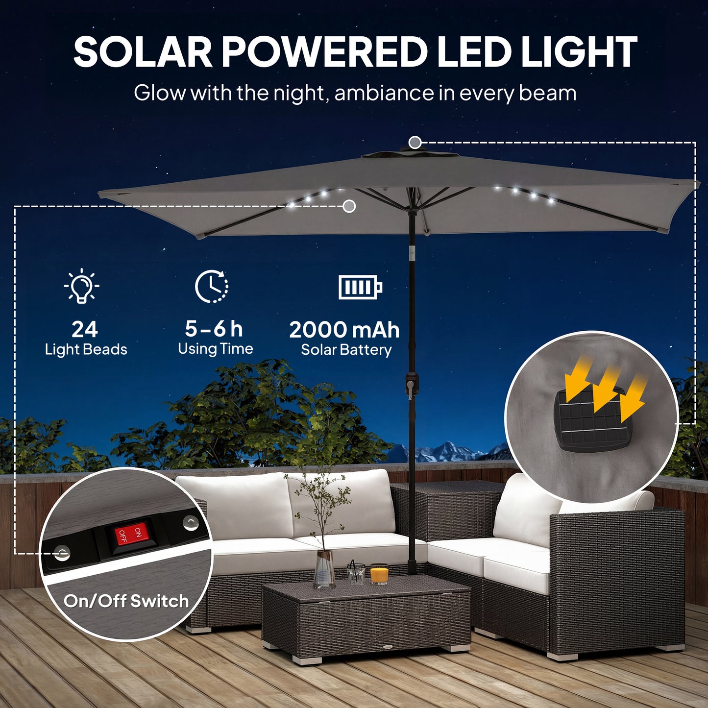 3 x 2 m Garden Parasol Umbrella with LED Solar Light, Parasol Cover