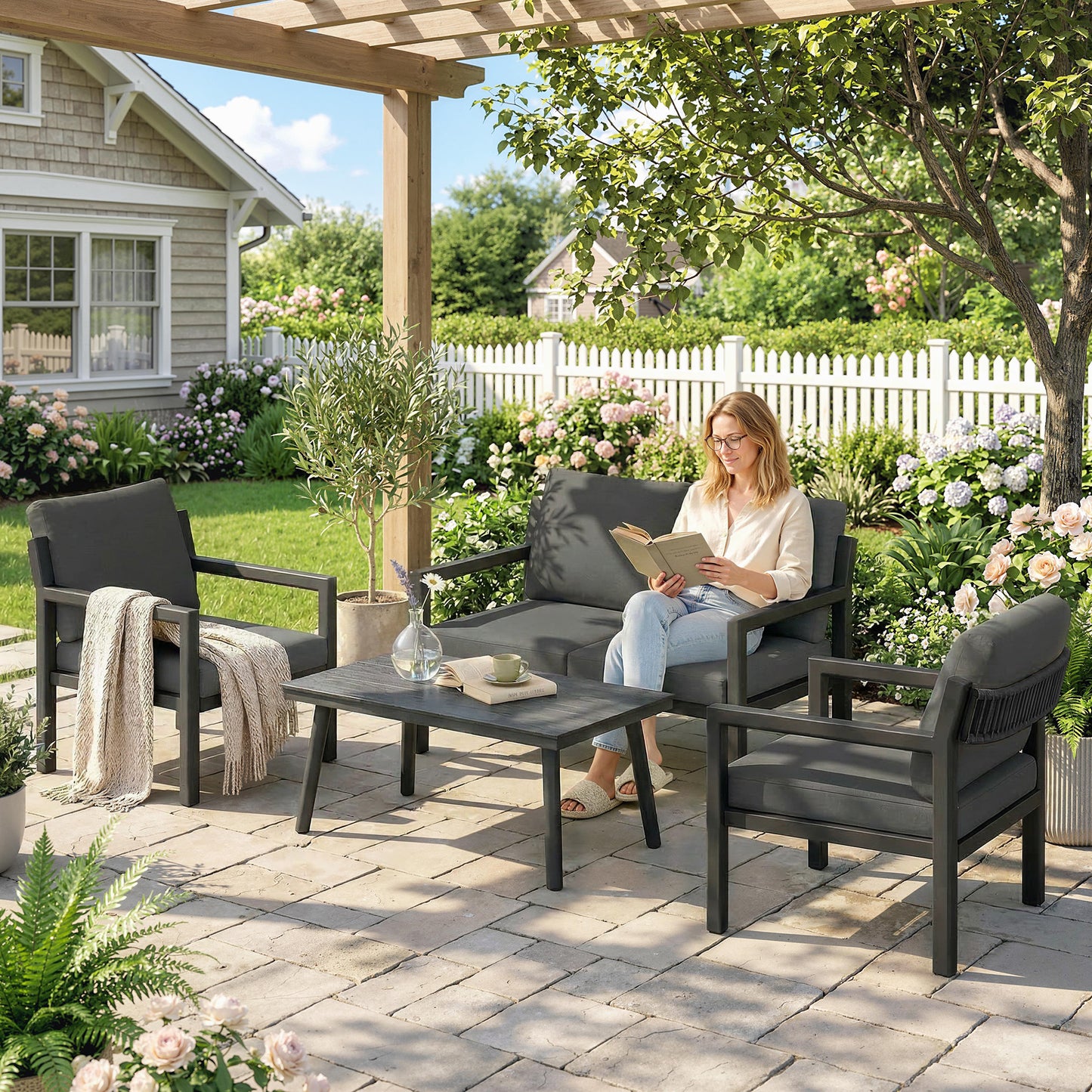 4 Seater Rattan Garden Furniture Set with 2 Armchairs, Loveseat (2)