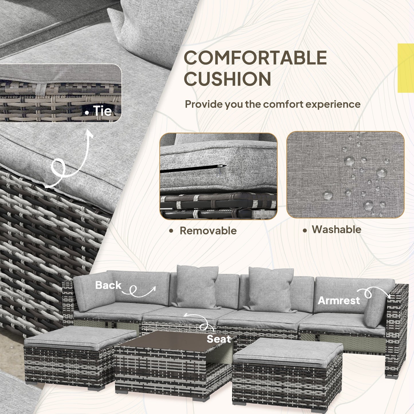 Seven-Piece Rattan Patio Furniture Set, with Cushions