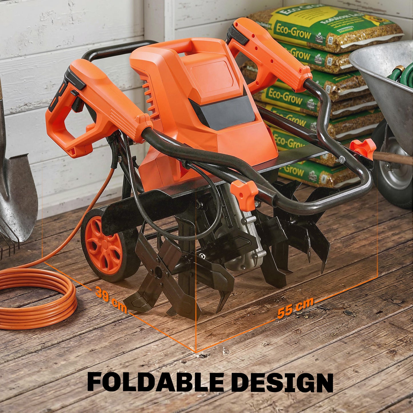 1500W Electric Garden Tiller w/Foldable Handle, 40cm Working Width