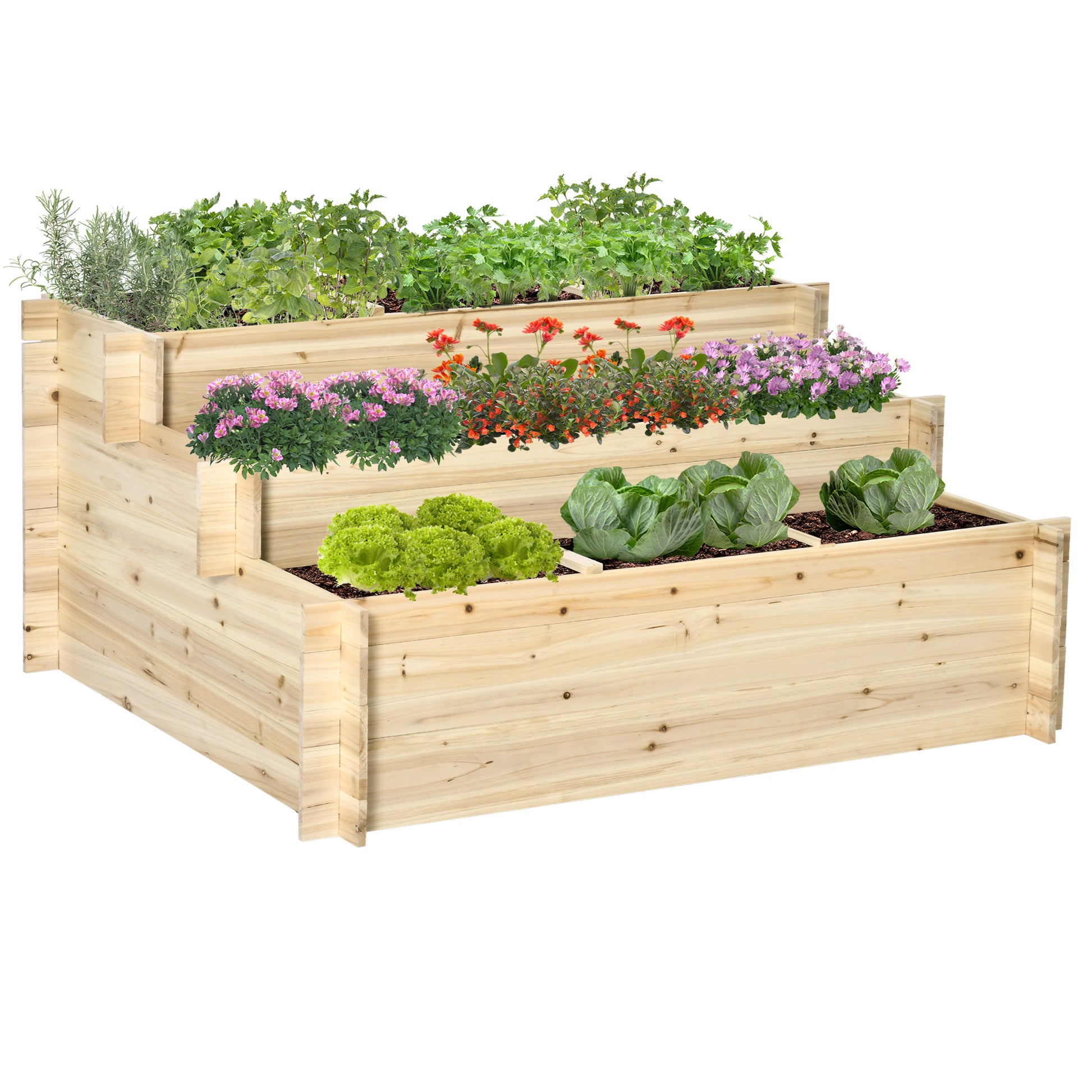 117cm x 100cm x 54cm 3 Tier Raised Garden Bed 376L Fir Wood