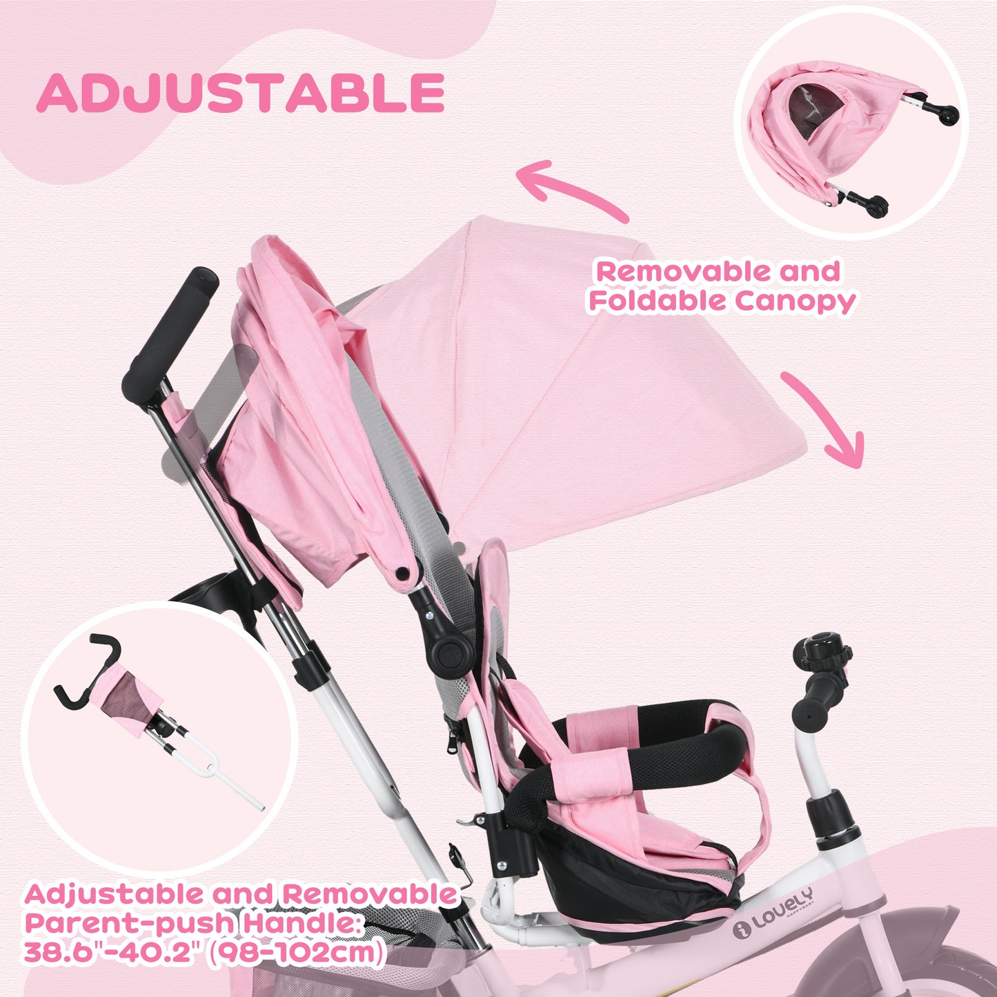 6 in 1 Kids Trike with Parent Handle, Canopy, 5-point Seat Belt (3)