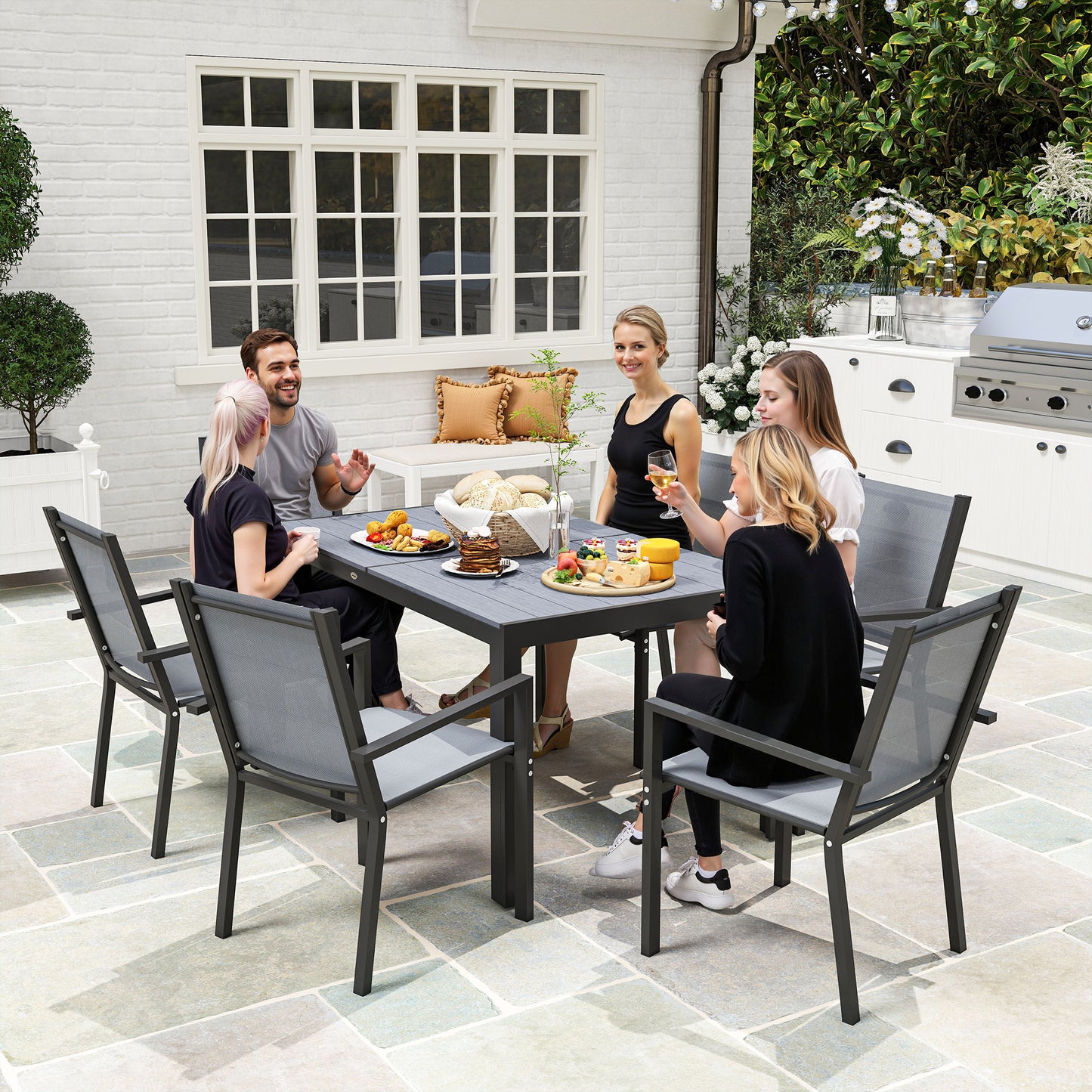 Seven-Piece Garden Dining Set, with Plastic Wood-Top Table