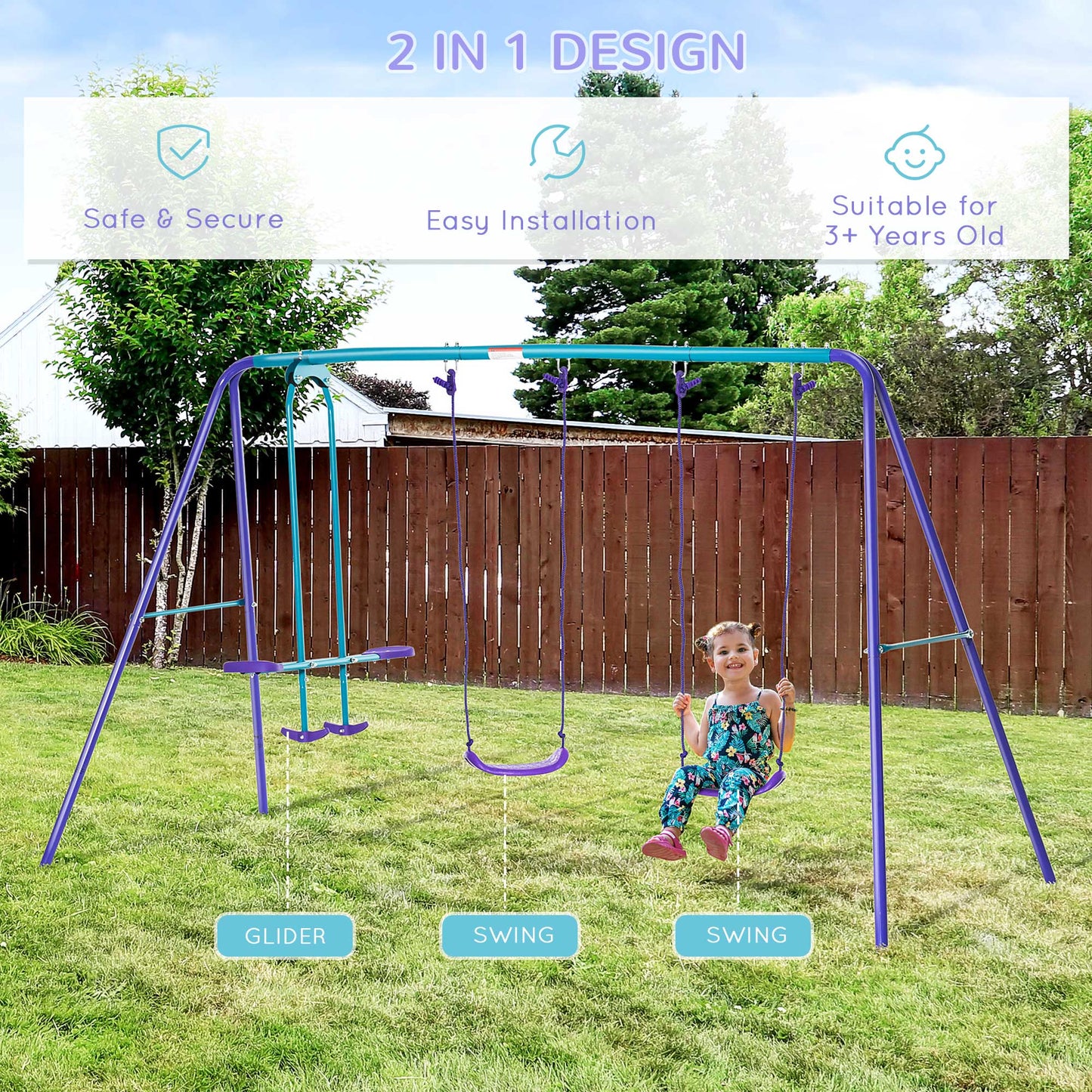 Metal Swing Set, with Seesaw, Adjustable Height, for Ages 3+ Years