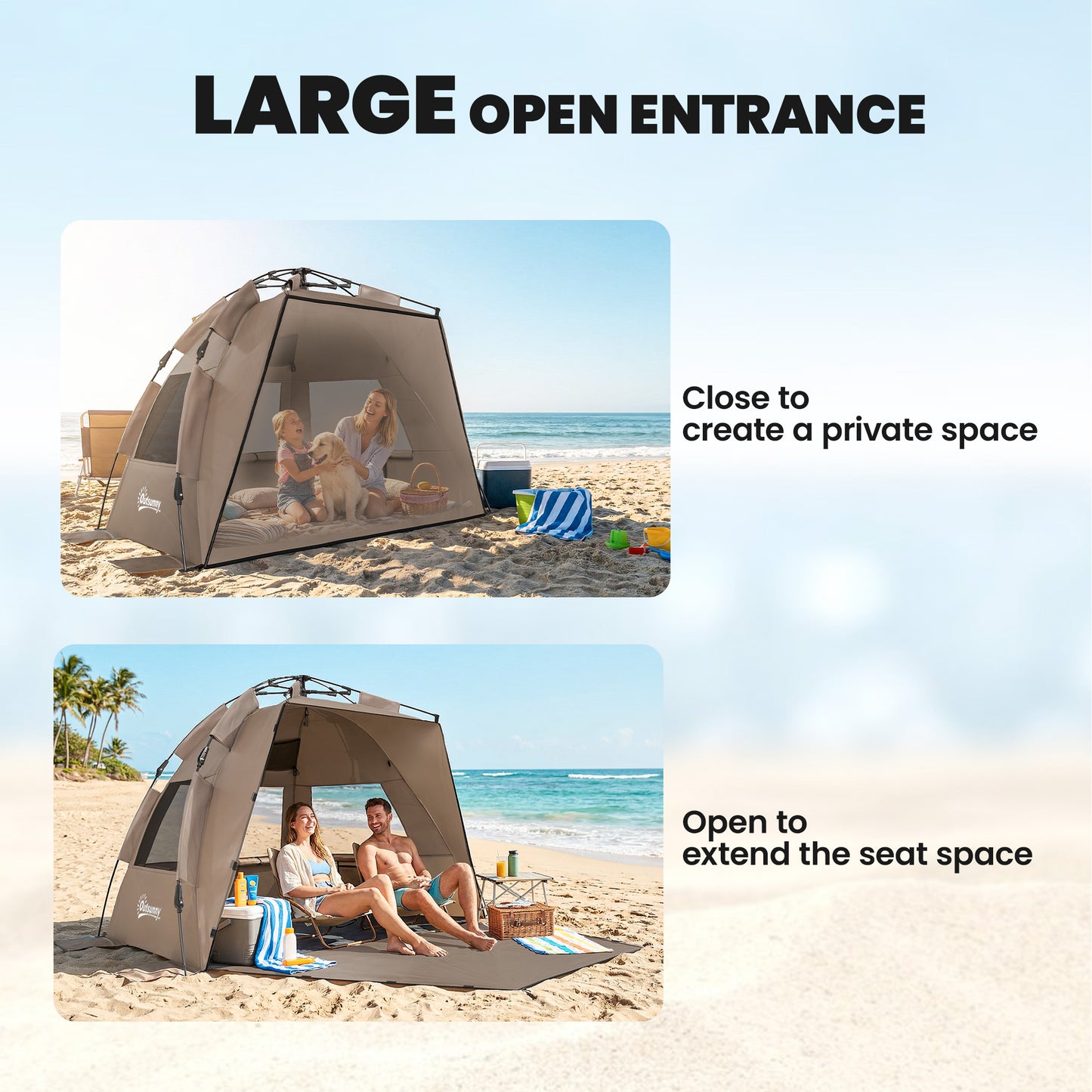 2-3 Person Pop Up Beach Tent, UPF15+ Sun Shelter with Extended Floor