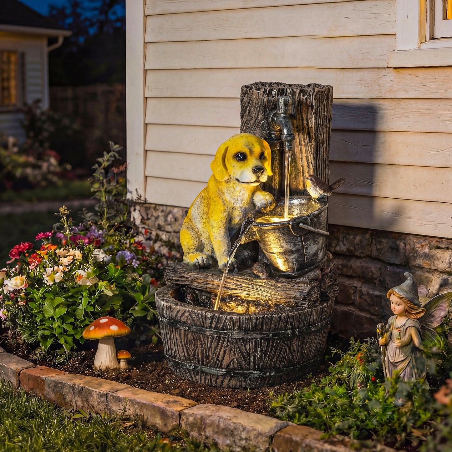 Garden Water Feature with 3-Tier Rustic Puppy Design