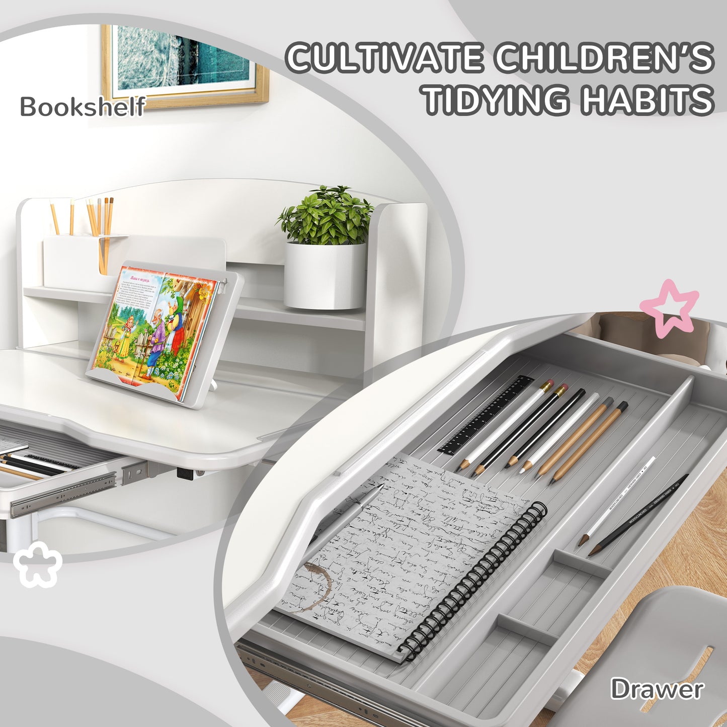Height Adjustable Kids Study Table and Chair Set, with Drawer