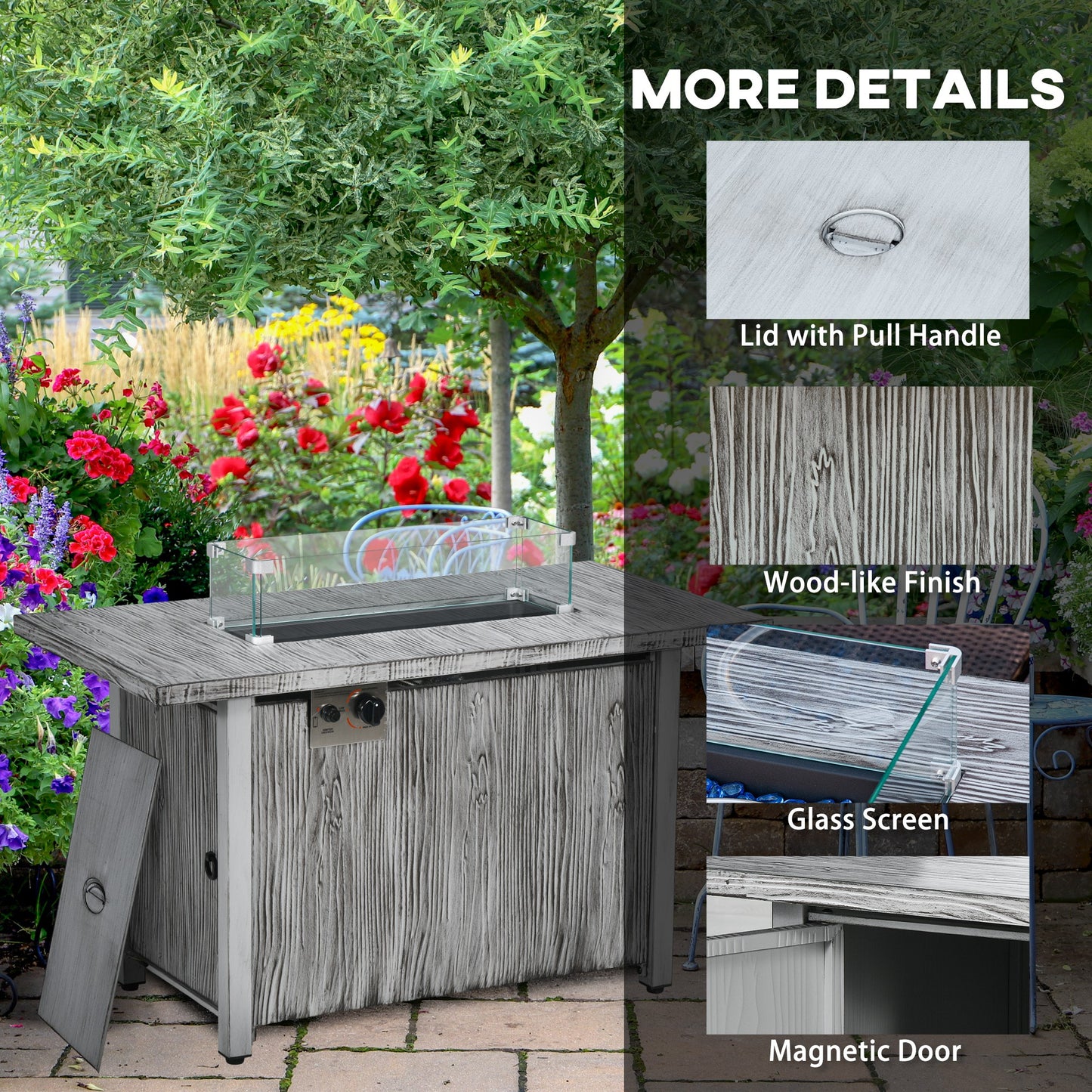 50,000 BTU Gas Fire Pit Table with Cover and Glass Screen
