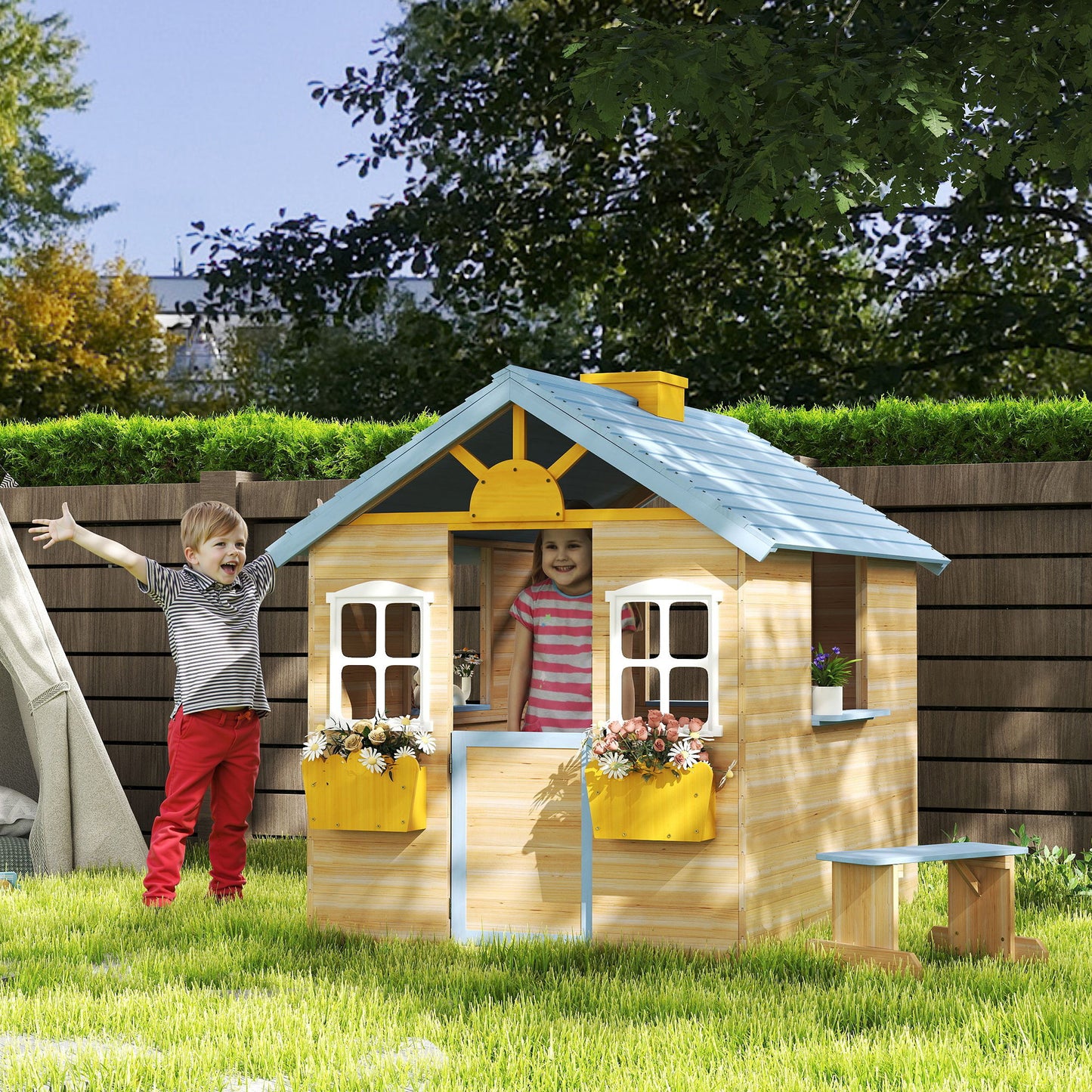 Wooden Playhouse, Wendy House w/ Door, Bench, Flowerpot Holder