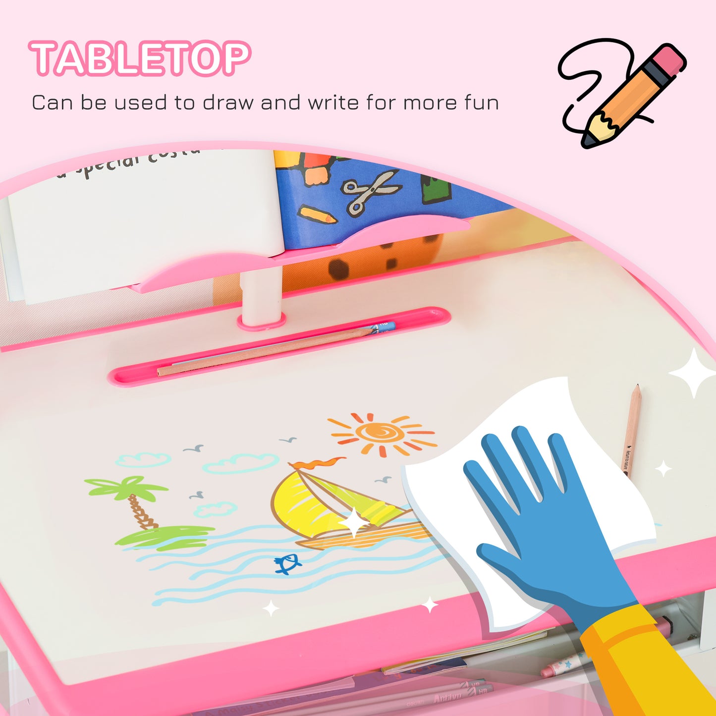 Kids Adjustable Desk and Chair Set, Book Stand, Pen Slot