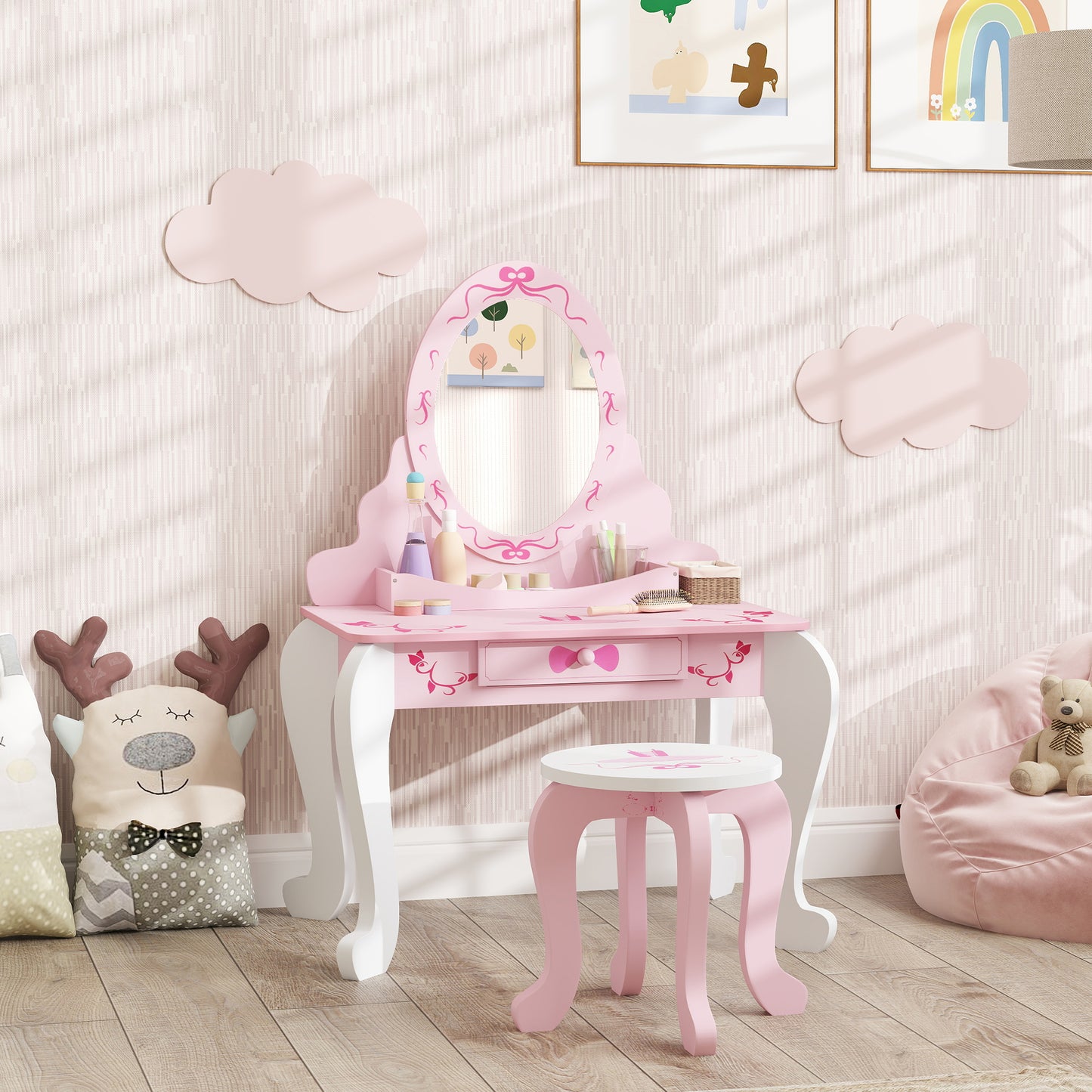 Kids Dressing Table Set, Vanity Table with Stool, Mirror, Drawer
