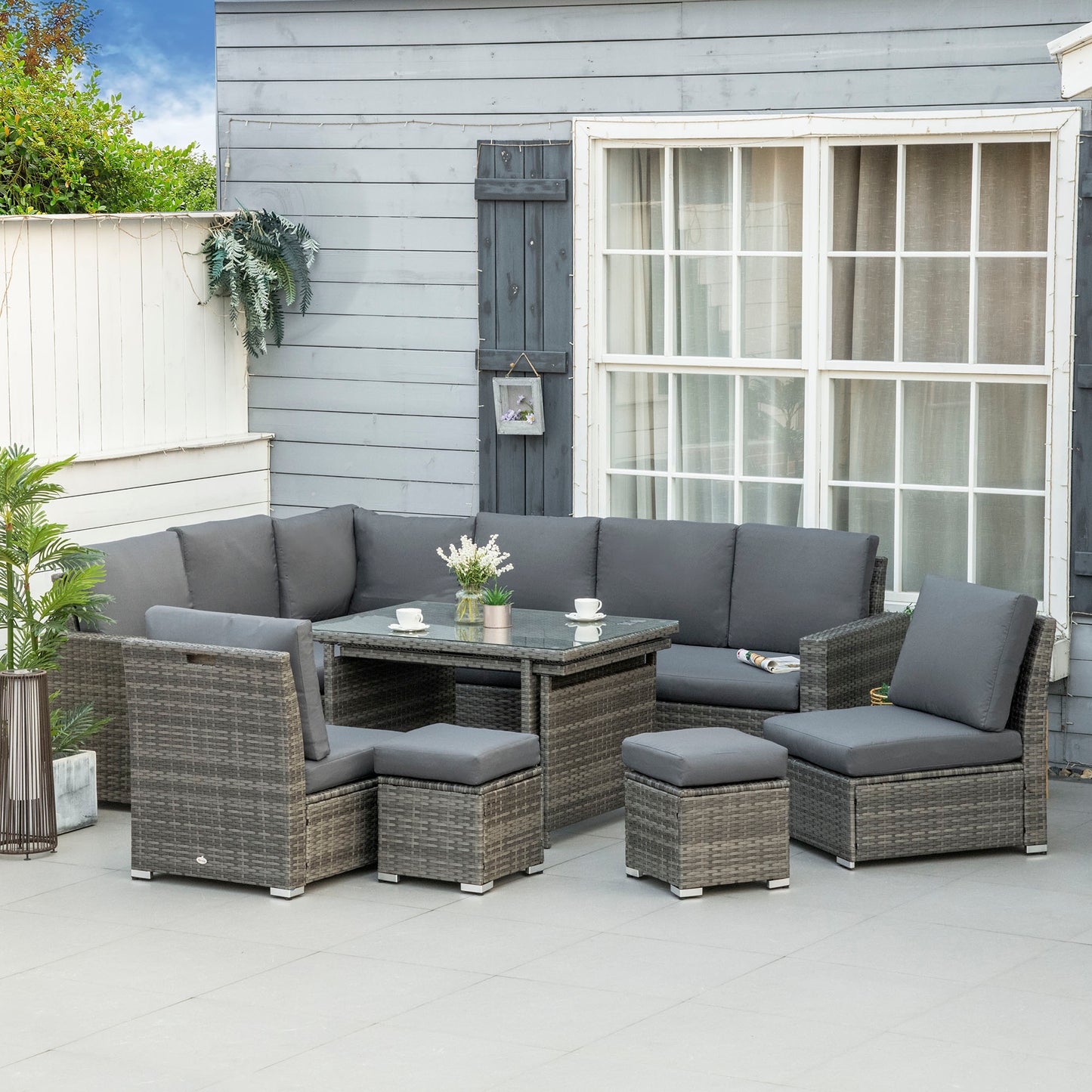 Seven-Piece Rattan Garden Sofa Set, with Expanding Table