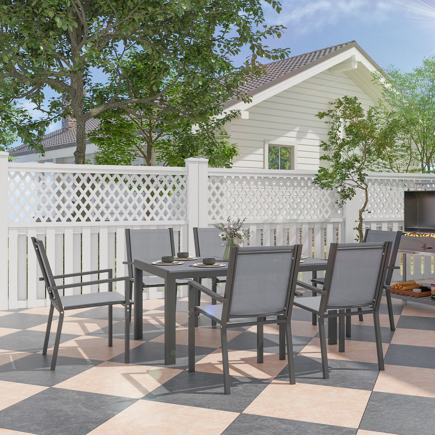 Seven-Piece Garden Dining Set, with Plastic Wood-Top Table