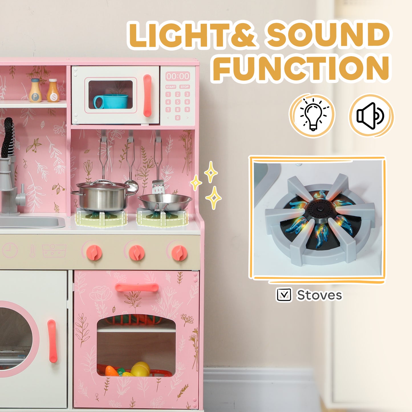 Play Kitchen, Kids Kitchen Set with Lights and Sounds, Double Stoves