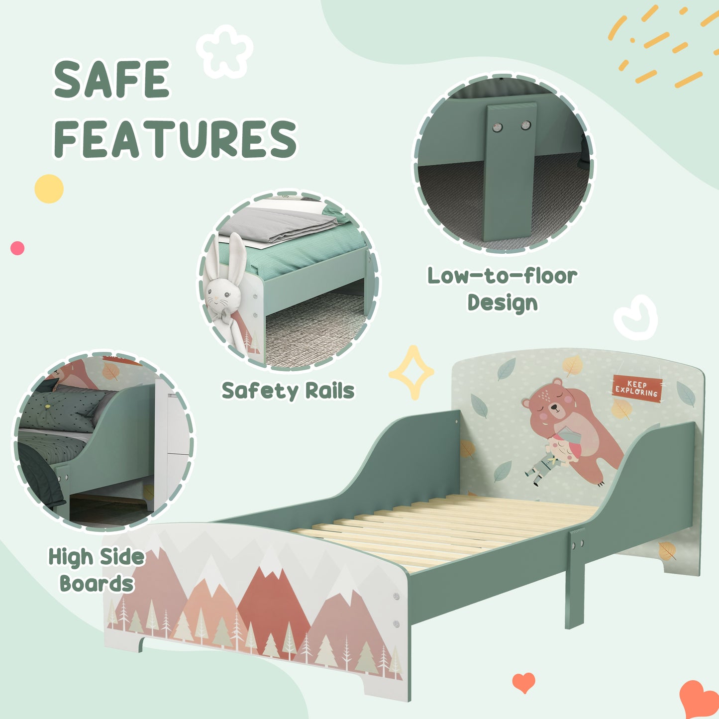 Toddler Bed Frame, Kids Dressing Table with Mirror and Stool