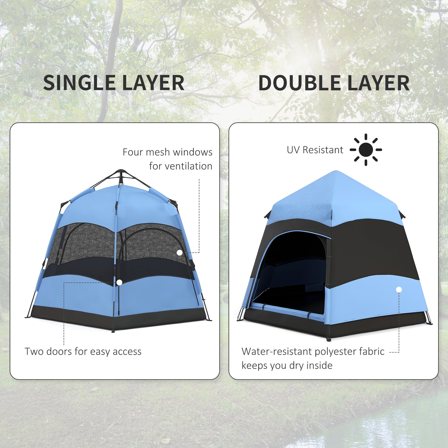 Six Man Hexagon Camping Tent with Hang Hook and Carry Bag - Blue and