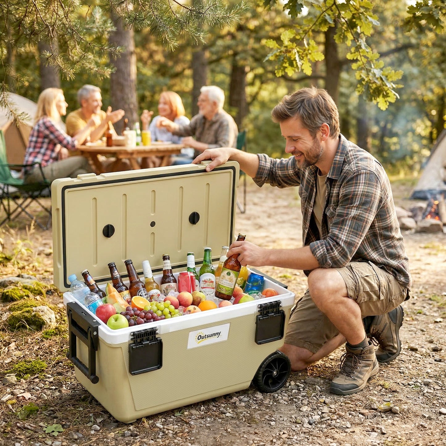 70L Insulated Cool Box with Wheels, Portable Ice Cooler with Handle