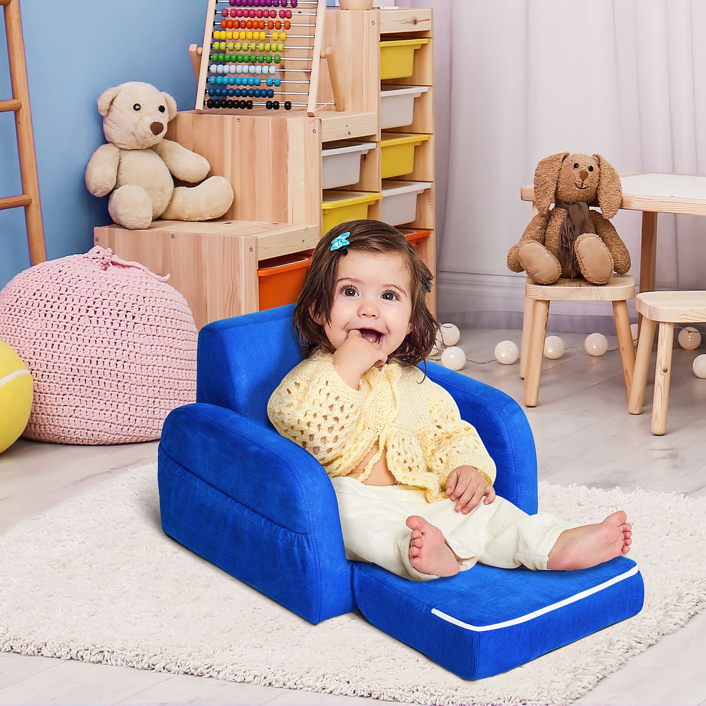 2 In 1 Kids Armchair Sofa Bed Fold Out Padded Wood Frame Bedroom