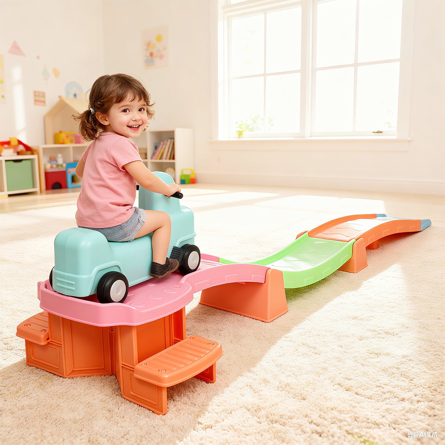 3(m) Four-Piece Ride on Kids Roller Coaster w/ Non-Slip Steps