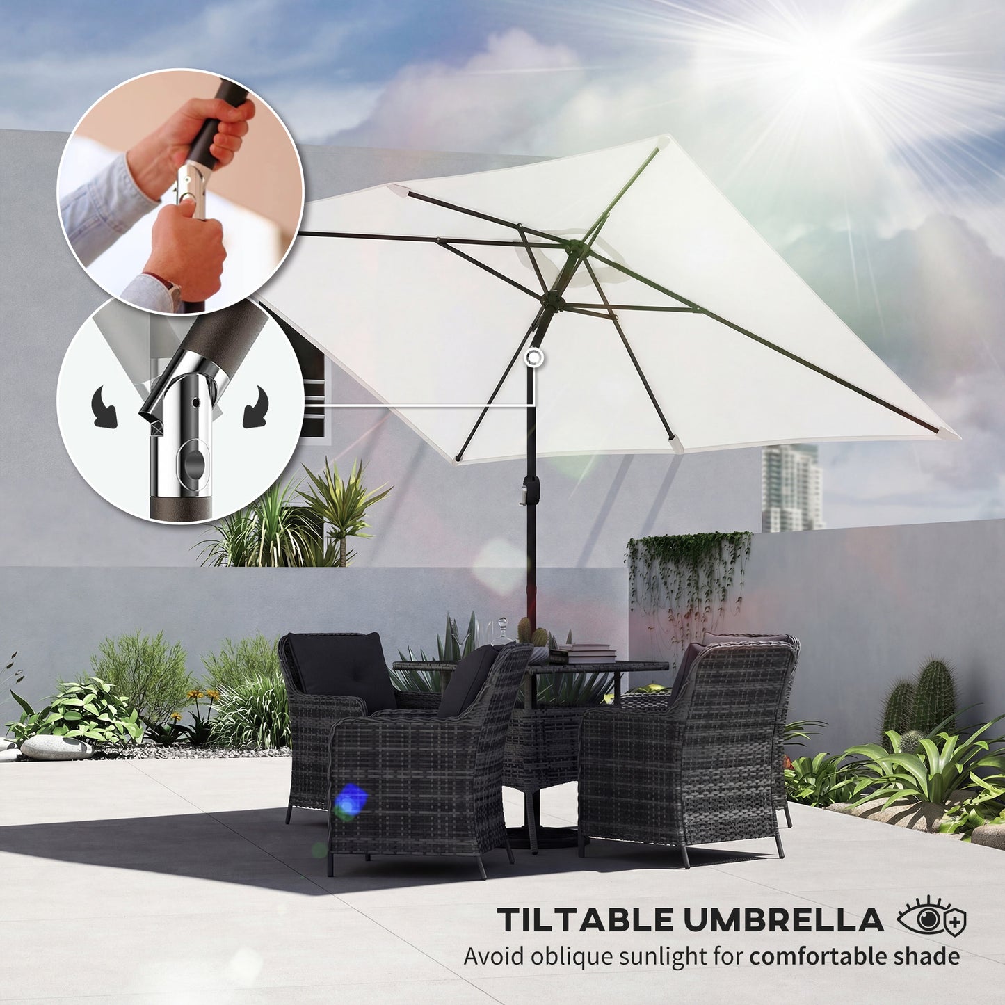 Garden Parasol, Parasol Umbrella with Crank Handle, Tilt Function