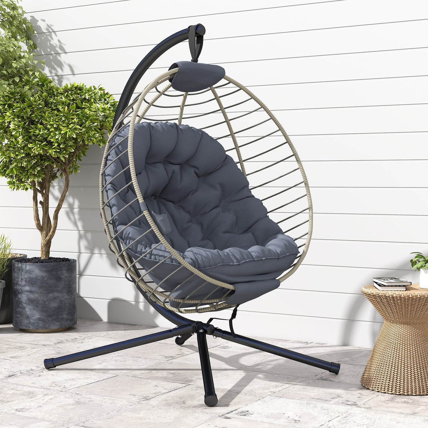 PE Rattan Swing Chair, Outdoor Hanging Chair with Metal Stand