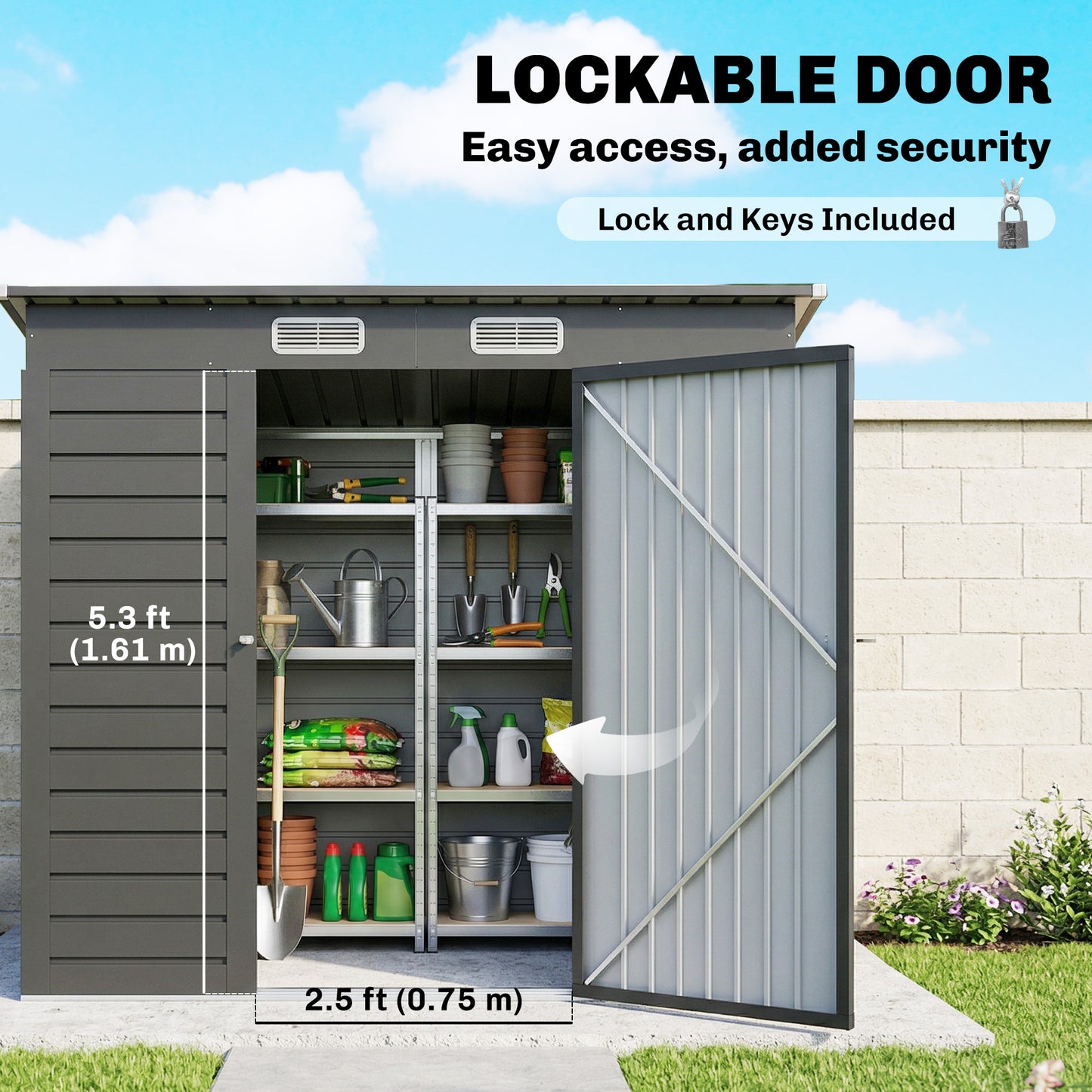 4 x 6ft Galvanised Metal Garden Shed, with Locking Door