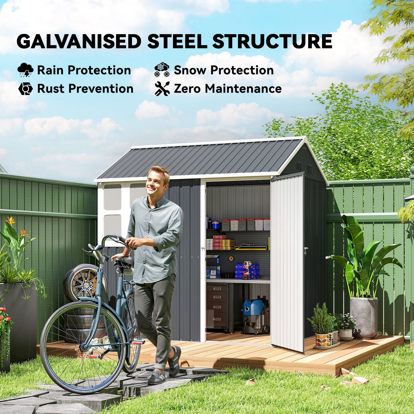 7 x 6ft Galvanised Garden Shed with Latch and Galvanised Steel Frame