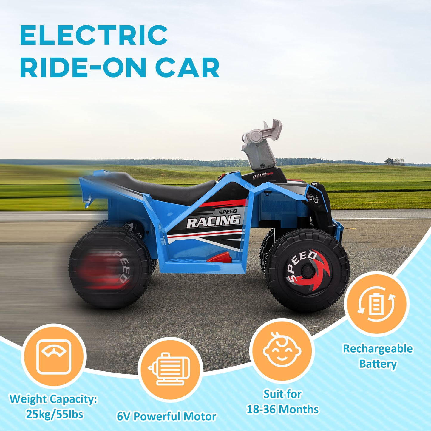 6V Quad Bike with Wear-Resistant Wheels, Forward Backward Function