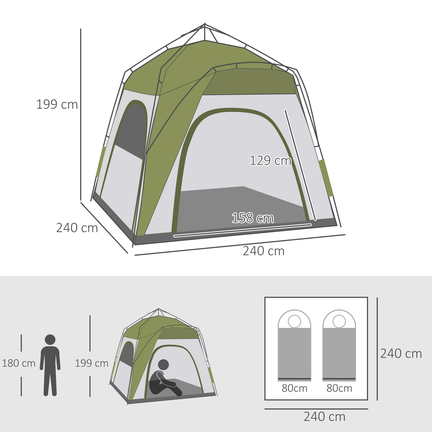 Instant Pop Up Camping Tent, 3 Man Dome Tent with 4 Doors