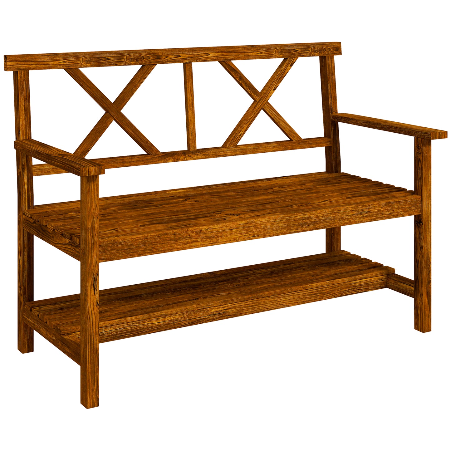 Two-Seater Fir Wood Bench, with Bottom Shelf