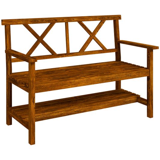 Two-Seater Fir Wood Bench, with Bottom Shelf