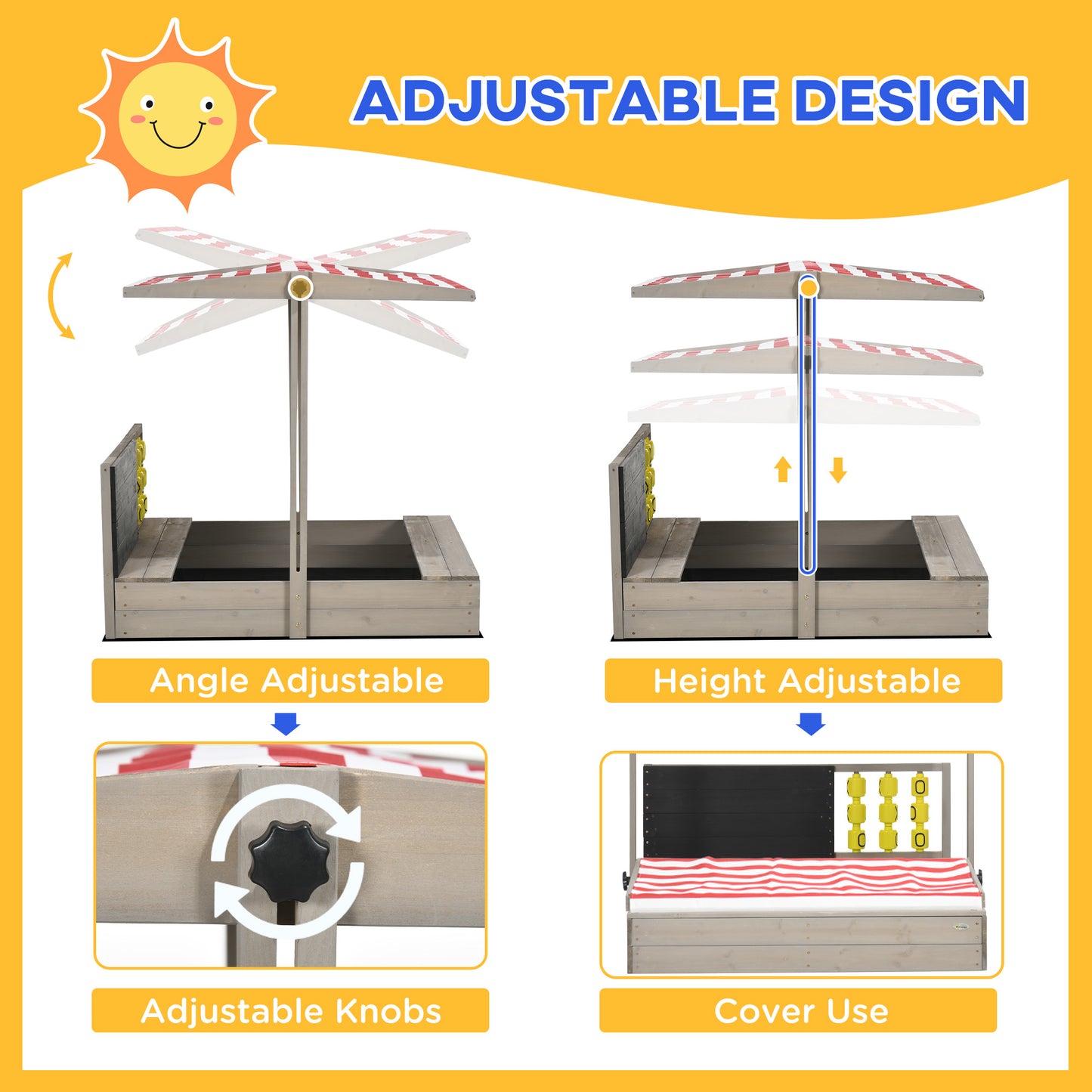 Kids Wooden Sandpit, sandbox with canopy & Seats, for Gardens