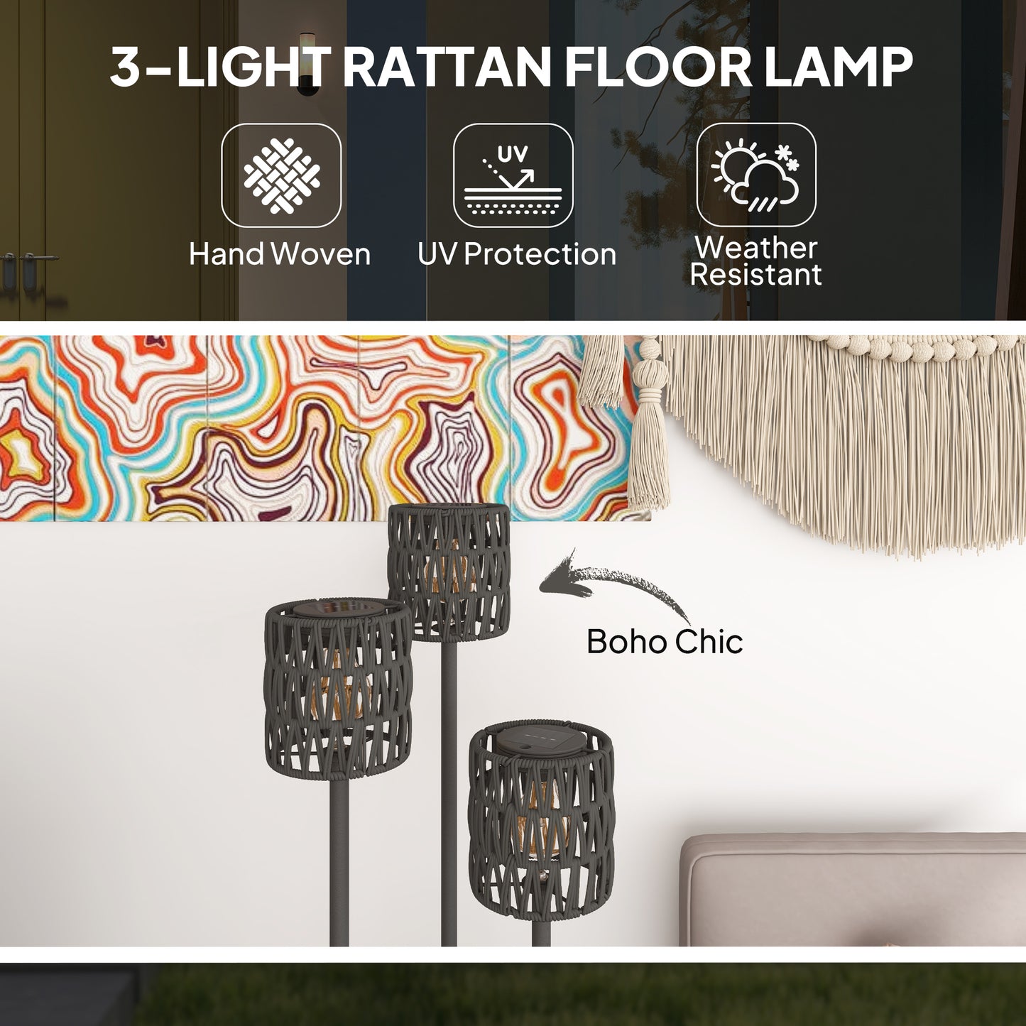 Boho Rattan Floor Lamp, 3-Lights Rattan Lamp with Shelf (1)