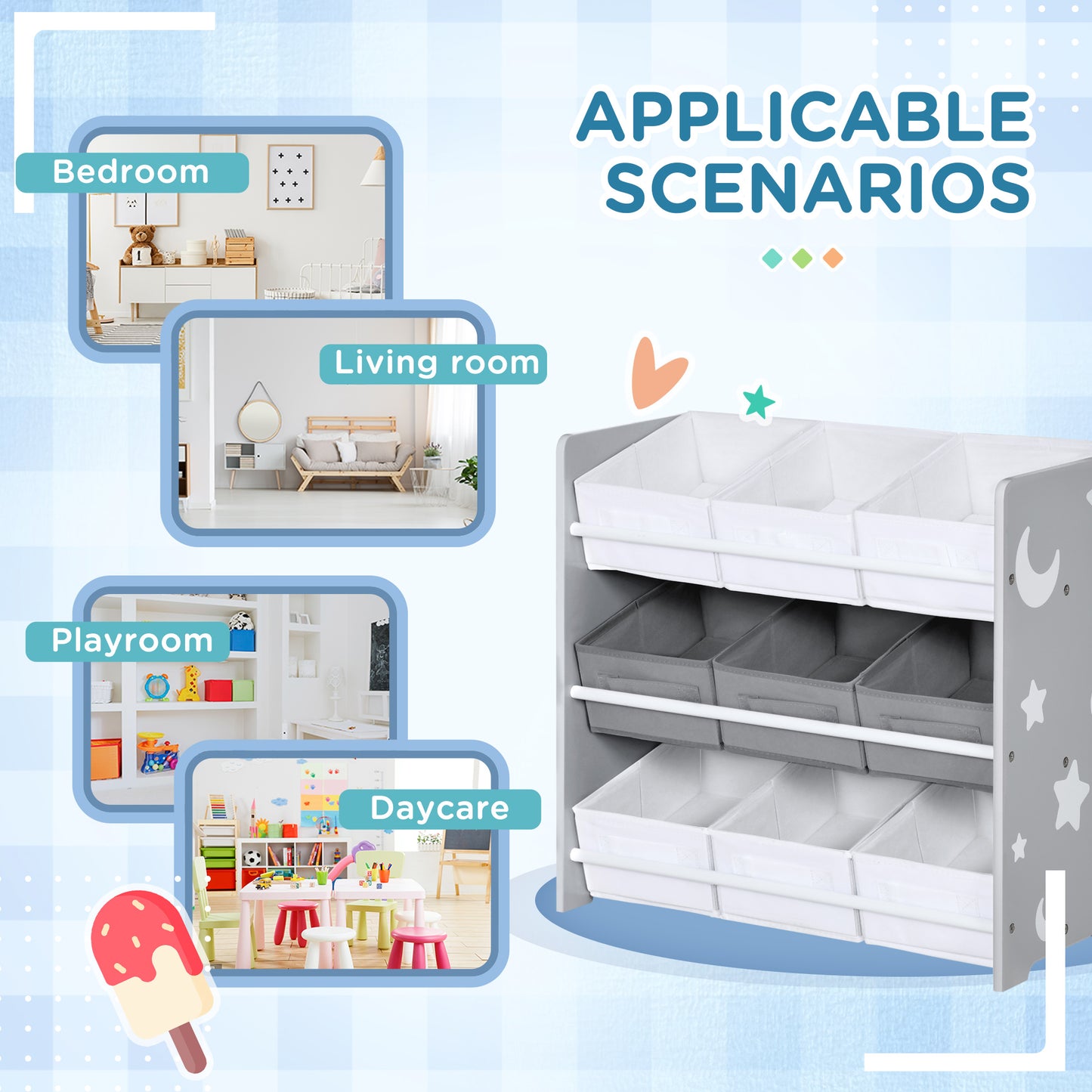 Kids Storage Rack, with Nine Removable Baskets, for Nursery, Bedroom
