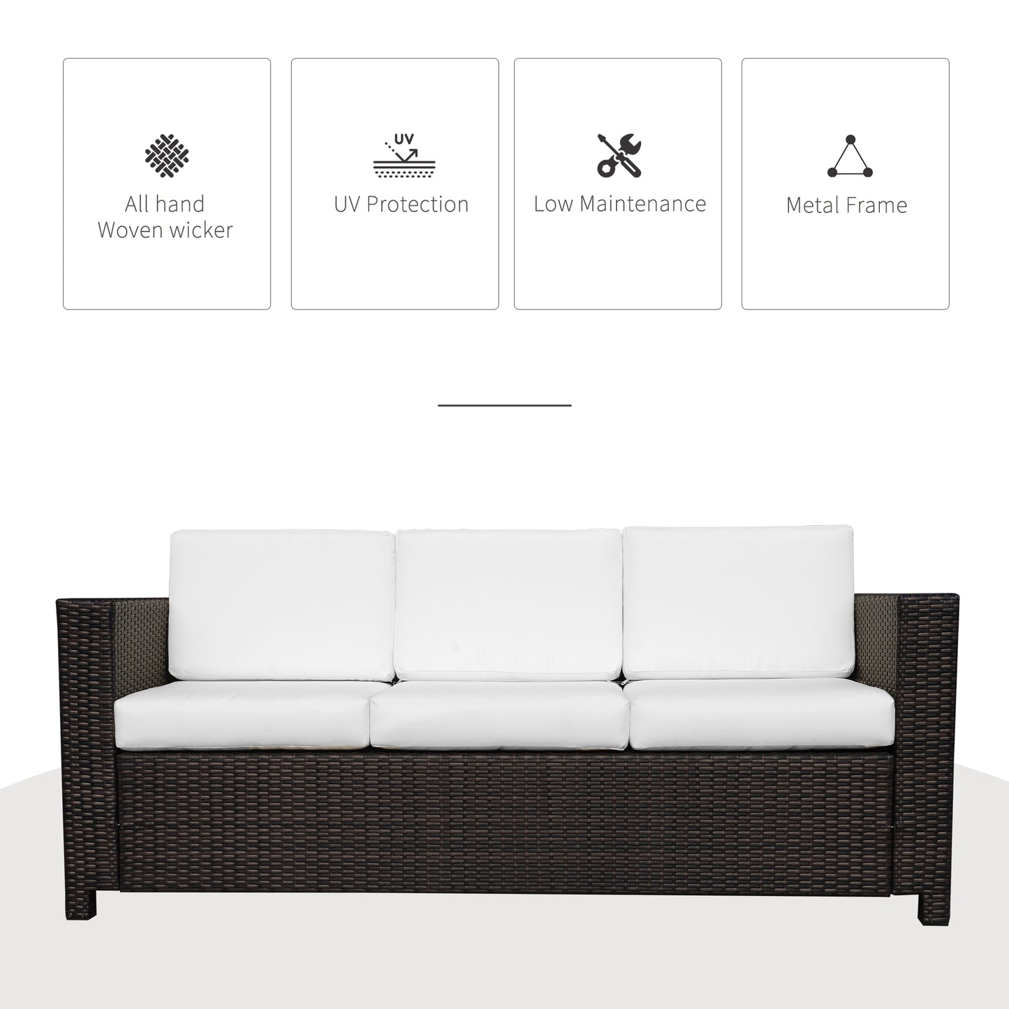 3 Seater Rattan Sofa, All-Weather Wicker Weave Metal Frame Chair