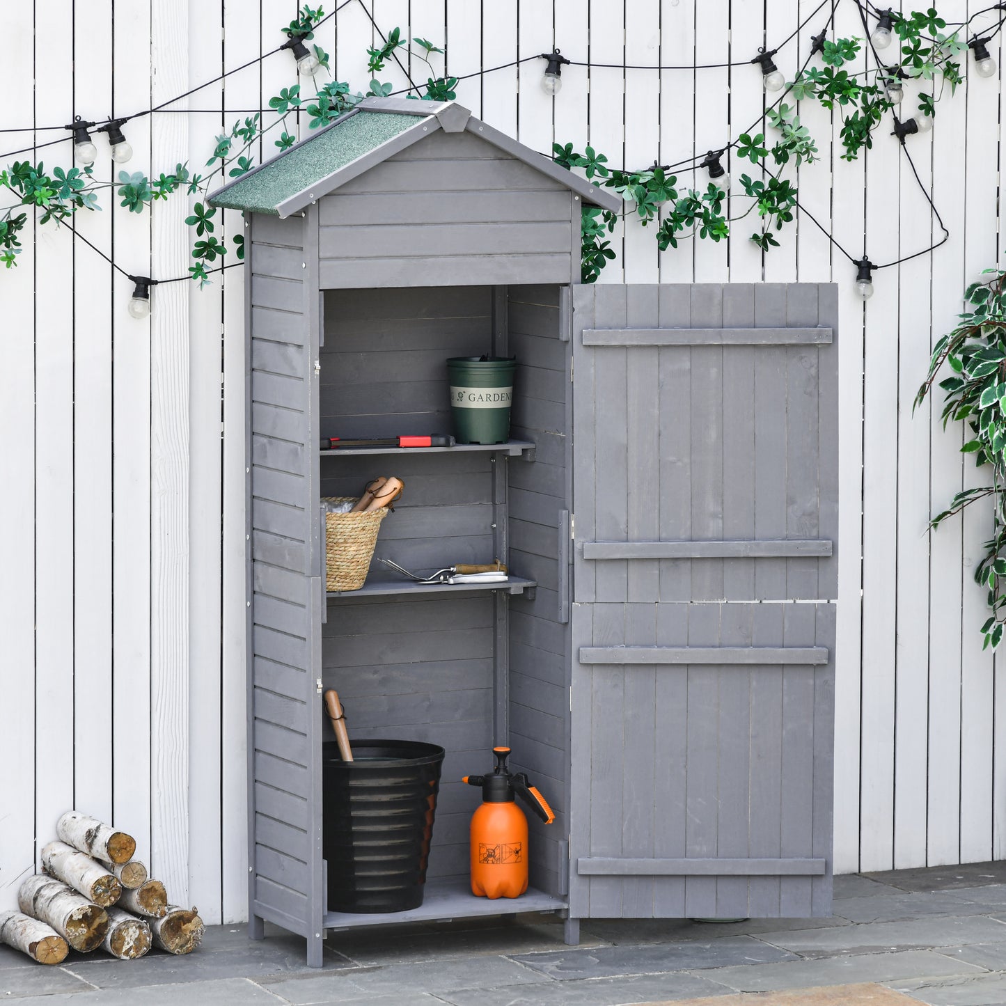 Wooden Garden Storage Shed Utility Gardener Cabinet w/ 3 Shelves