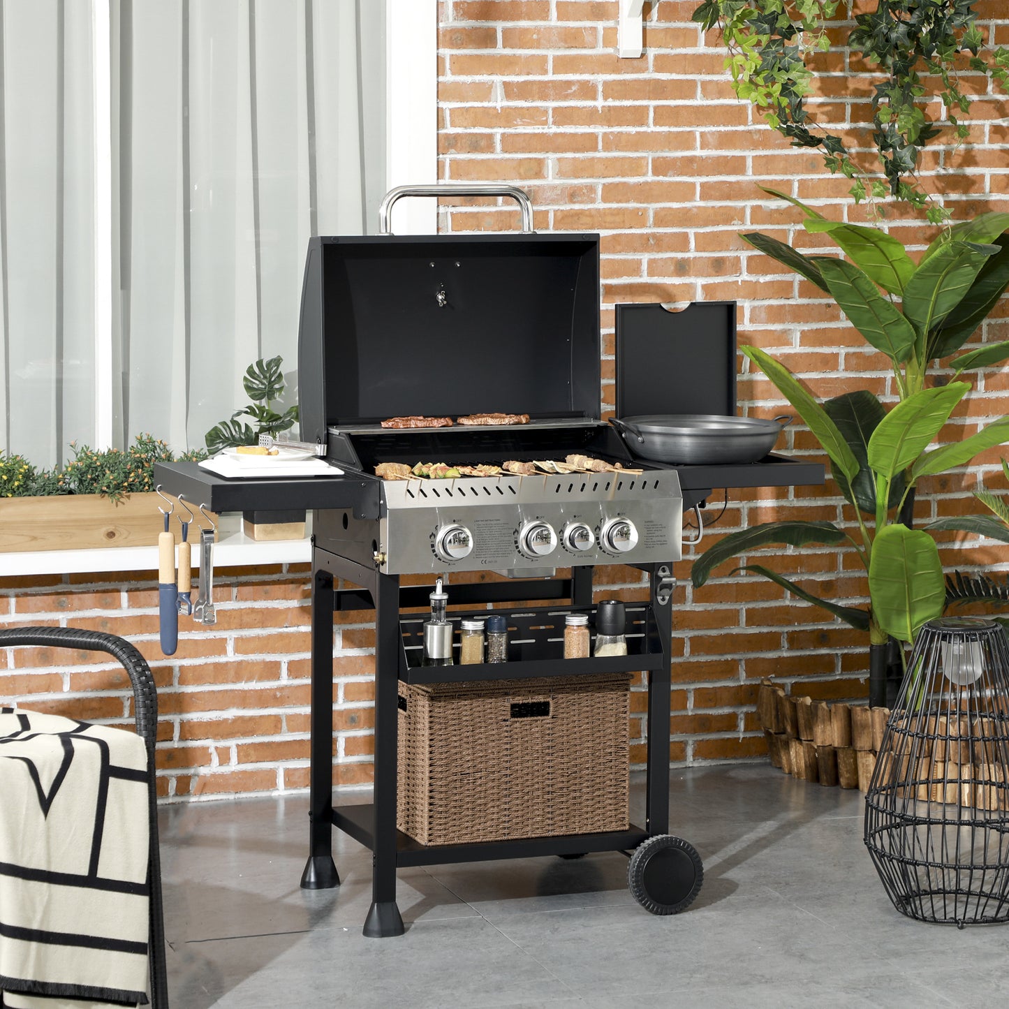 Four-Burner Steel Gas Grill, with Thermometer